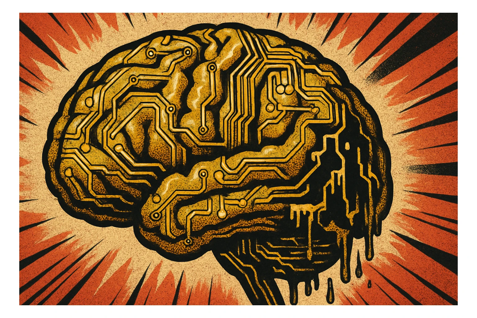 human brain constructed from golden circuitry, with parts melting and glitching, evoking sabotage, old school comic book style, 16:9 aspect ratio sticker