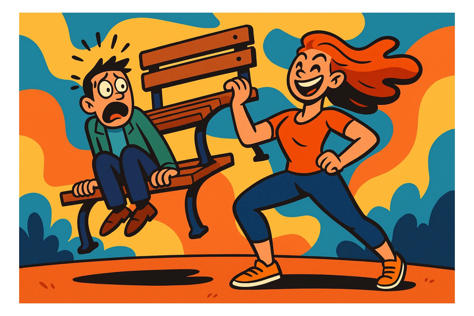 A fun and expressive scene of a woman holding a bench while a scared man sits on it, vibrant cartoon style, colorful and dynamic sticker