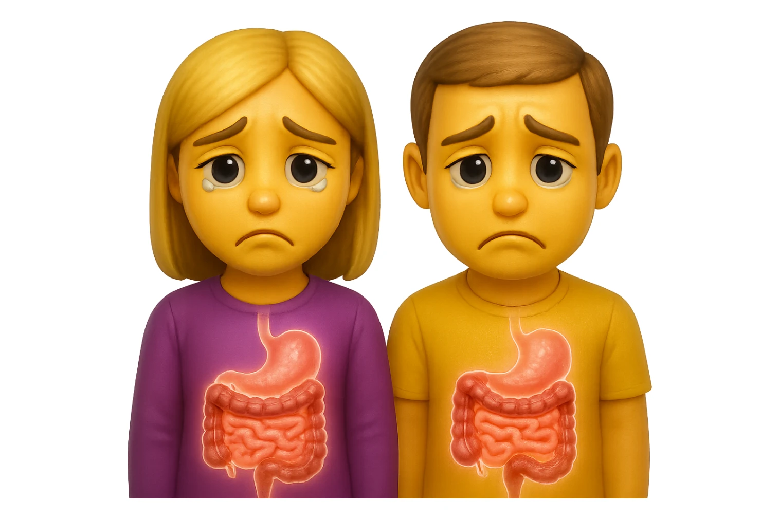 emoji stile iphone di un uomo e una donna con espressione triste ed intestino in evidenza, iperrealistico 4k sticker