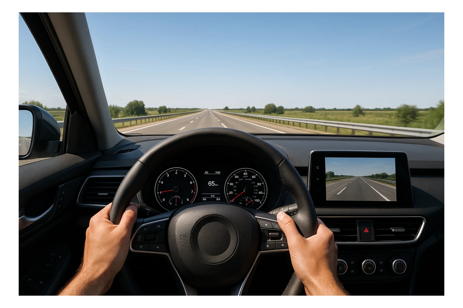 first person perspective from inside a car, hands on wheel, highway visible through windshield, modern dashboard sticker