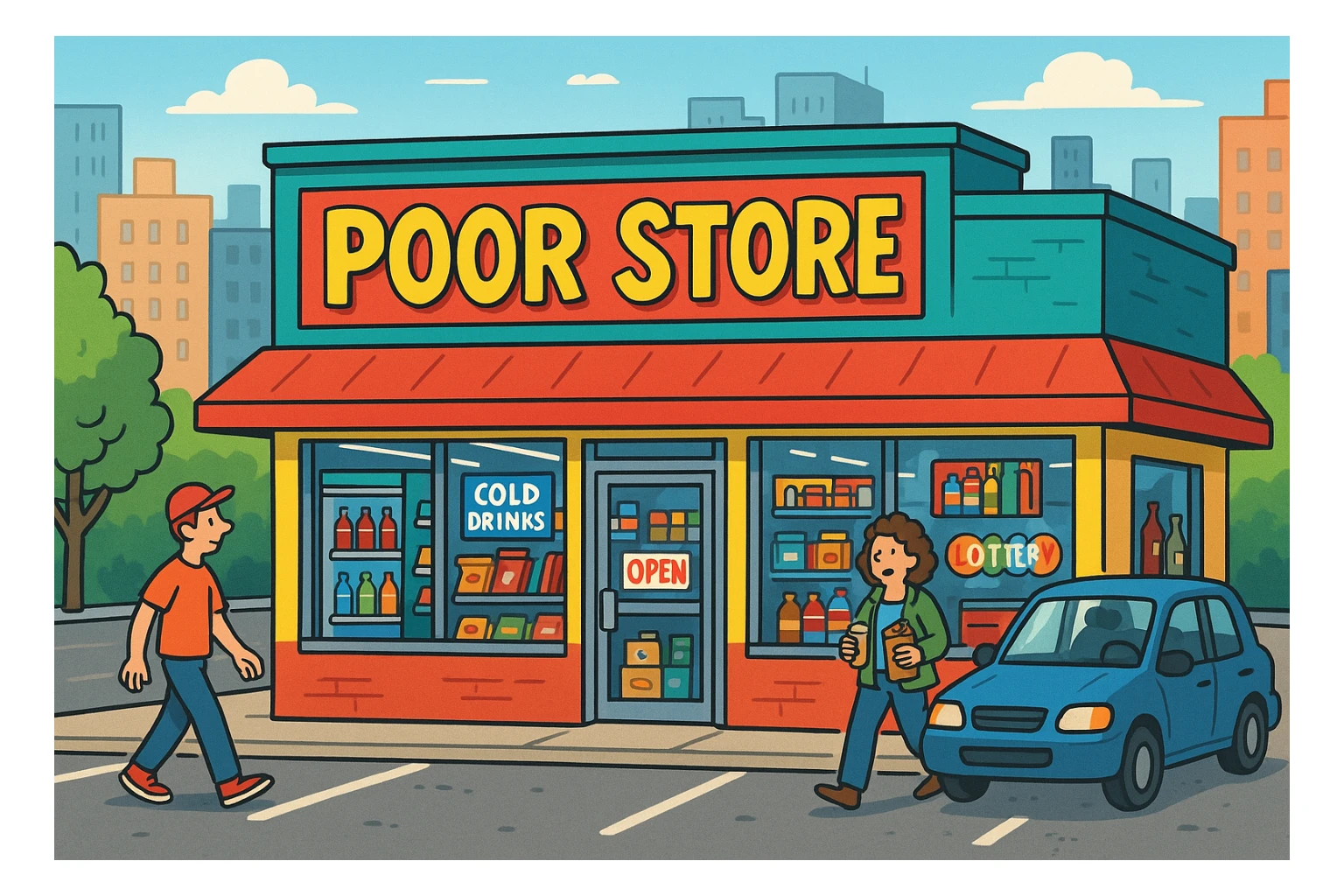 Convenience store named poor store and more sticker