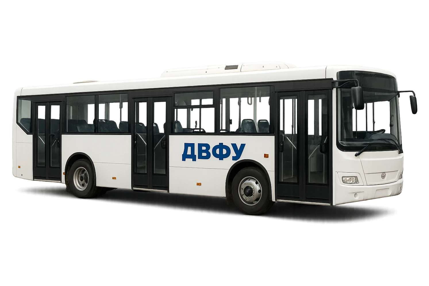 white bus with three doors, inscription "ДВФУ" on the side, realistic style sticker