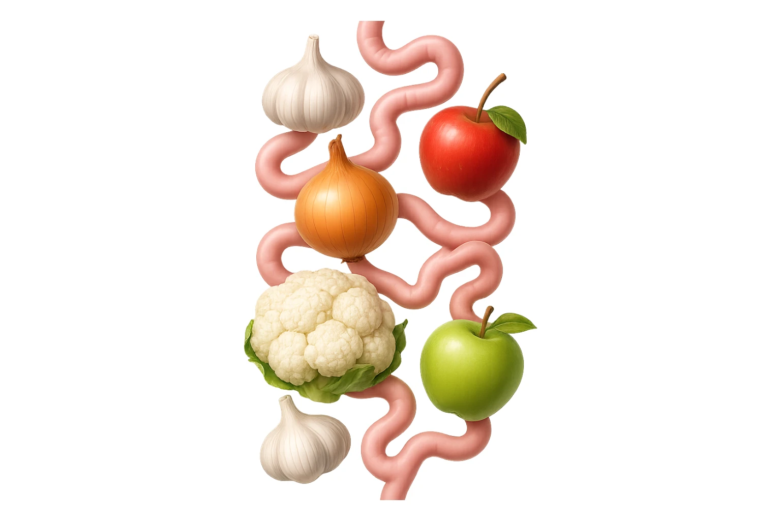EMOJI STILE IPHONE DI aglio, cipolle, cavolfiore e mele che cadono verticalmente dall'alto con pezzi di colon avvolti intorno, IPERREALISTICO 4K sticker