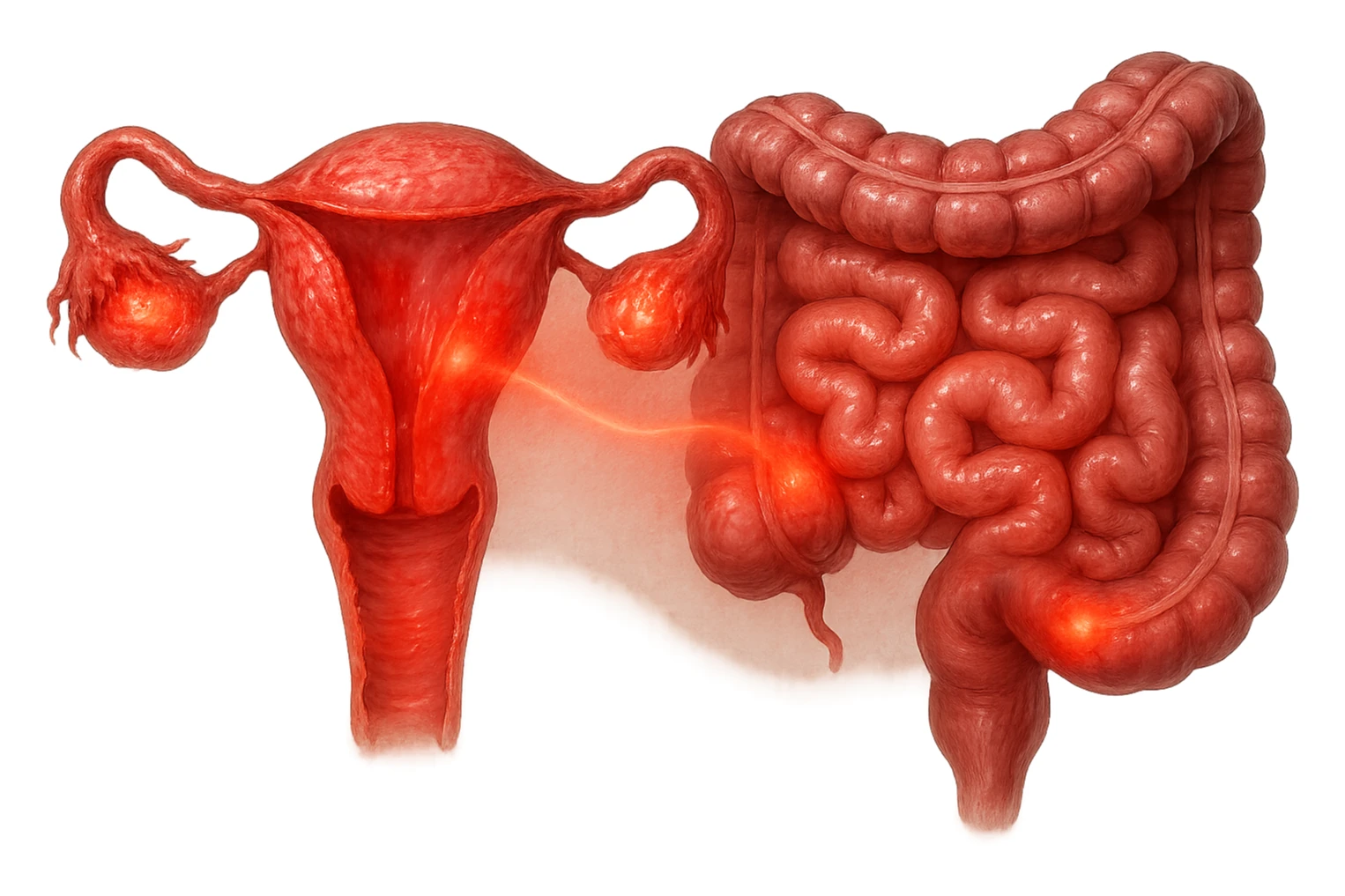 utero umano anatomico iperrealistico e intestino umano anatomico iperrealistico hanno in comune il dolore e l'infiammazione, rendi bene il collegamento tra i due organi doloranti sticker