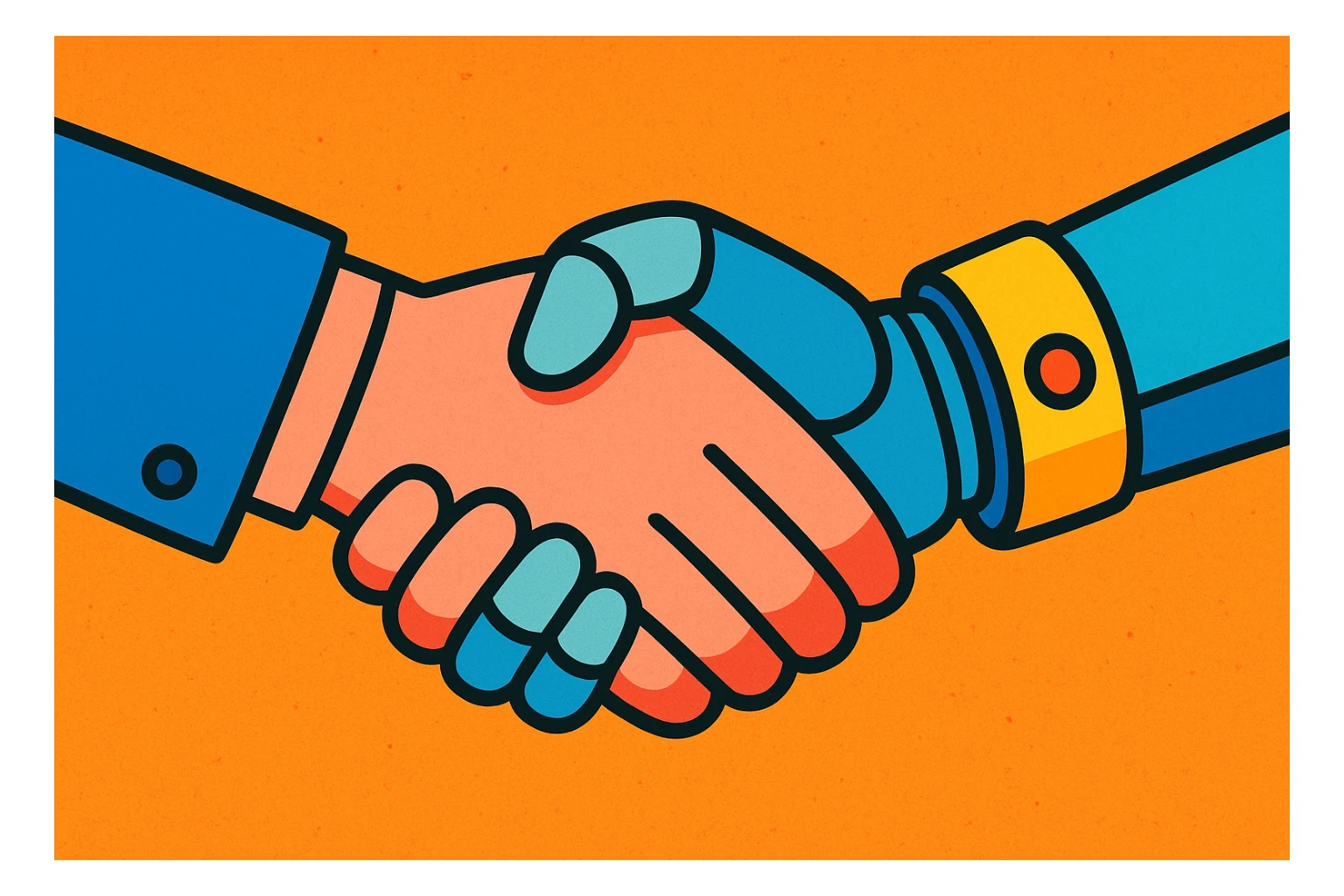 a human hand and a robot hand shaking, playful cartoon style sticker