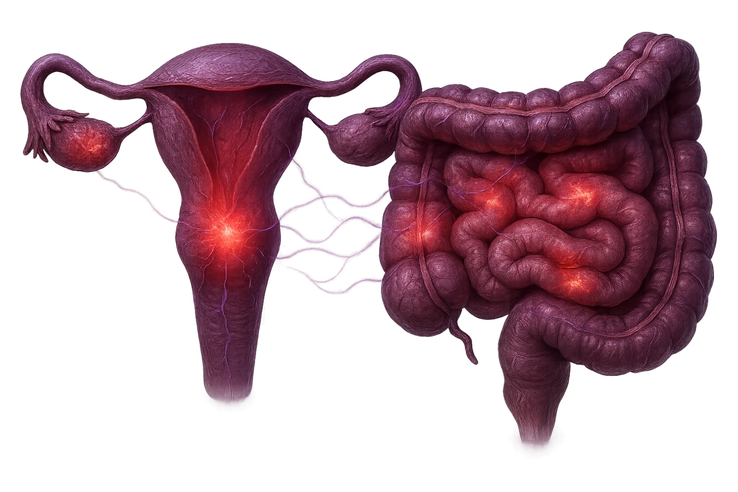 utero umano anatomico iperrealistico e intestino umano anatomico iperrealistico hanno in comune il dolore e l'infiammazione, rendi bene il collegamento tra i due organi doloranti, falla iperrealistica, non disegnata, fai colori che si adattano a questo viola #971ef1 sticker