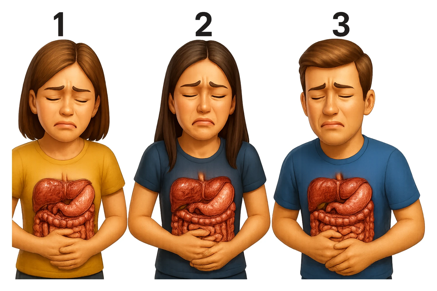 emoji stile iphone di 3 persone, due donne e un uomo, con intestino realistico e mal di pancia, sulle donne ci sono i numeri 1, 2 e sull'uomo il 3, iperrealistico 4k sticker