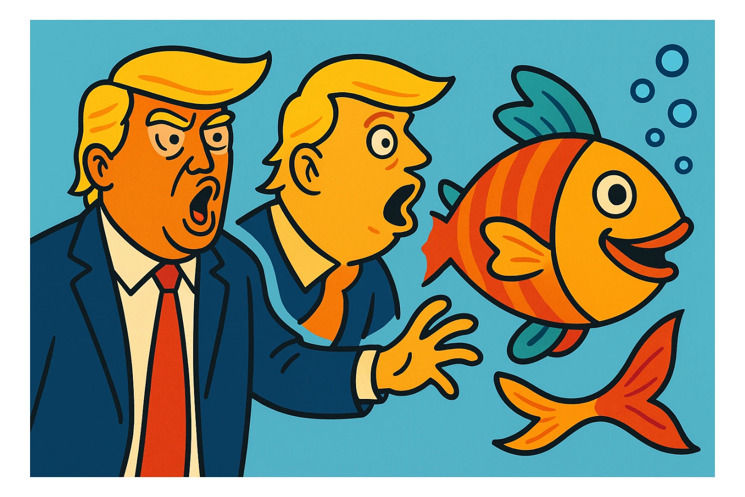 Donald Trump transforming into a fish, playful and cartoonish style sticker