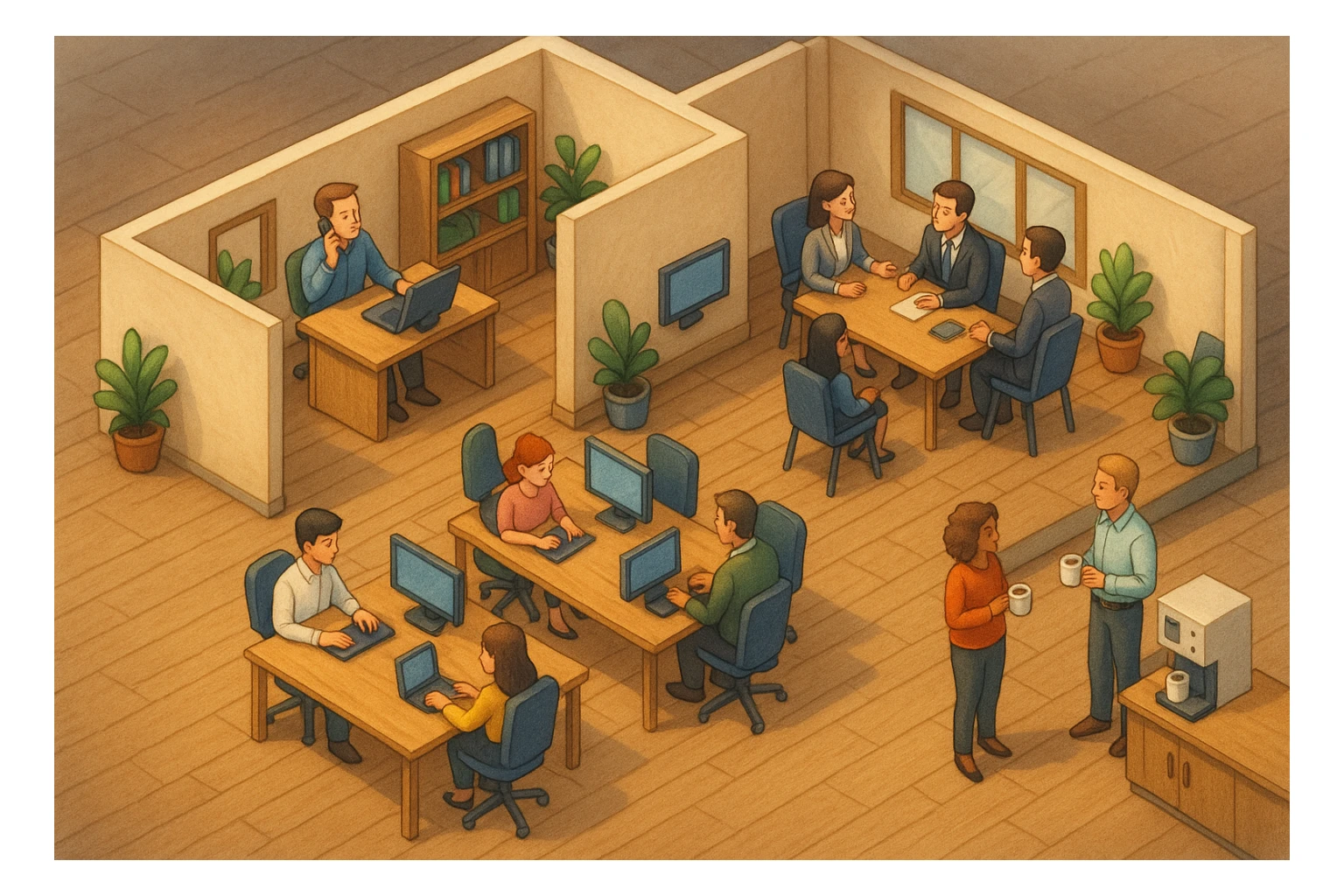 В слегка рисованном, но при этом ярком и объемном стиле - четкую, изометрическую 3D-сцену в мультяшном стиле с видом сверху под углом 45°, изображающую офис кабинетами, open space и другими характерными местами. В офисе работают люди - кто-то говорит по телефону, работает за компьютером, другие пьют кофе, сидят на общем собрании, переговори. Используйте мягкие, изысканные текстуры с реалистичными PBR-материалами и мягким, реалистичным освещением и тенями.  sticker