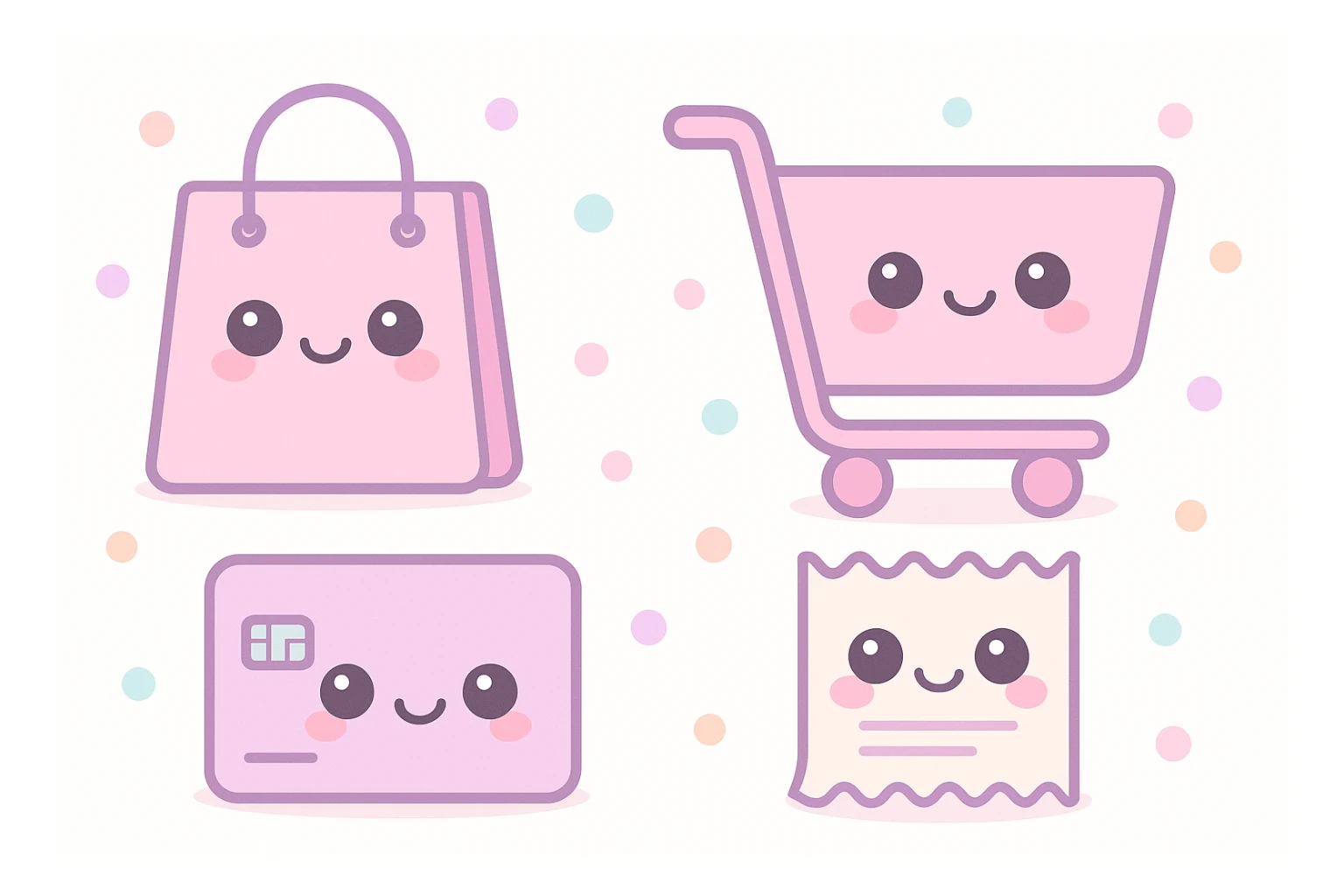 cute shopping theme with pastel pink tones, kawaii style, featuring a smiling shopping bag, a pastel pink shopping cart, a cute credit card, and a happy receipt, all with adorable faces and soft rounded shapes sticker