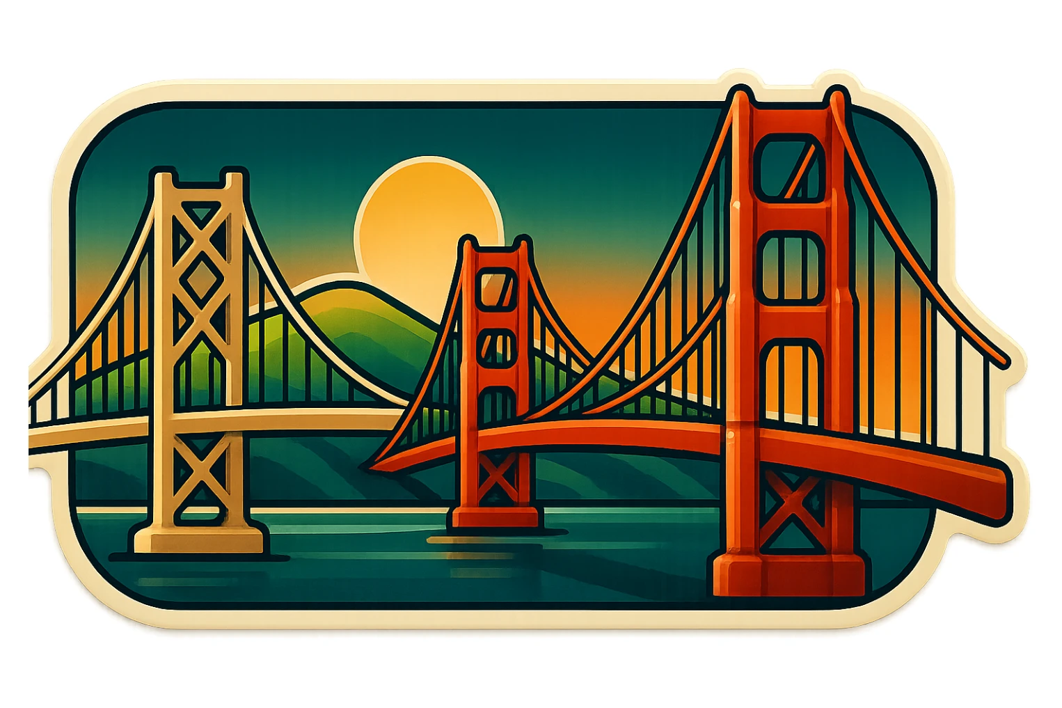 Bay Area retro art deco logo, 3.5:1 wide ratio, larger size, no text, featuring iconic elements like the Golden Gate Bridge, Bay Bridge, rolling hills, and geometric shapes, bold lines, vintage color palette sticker