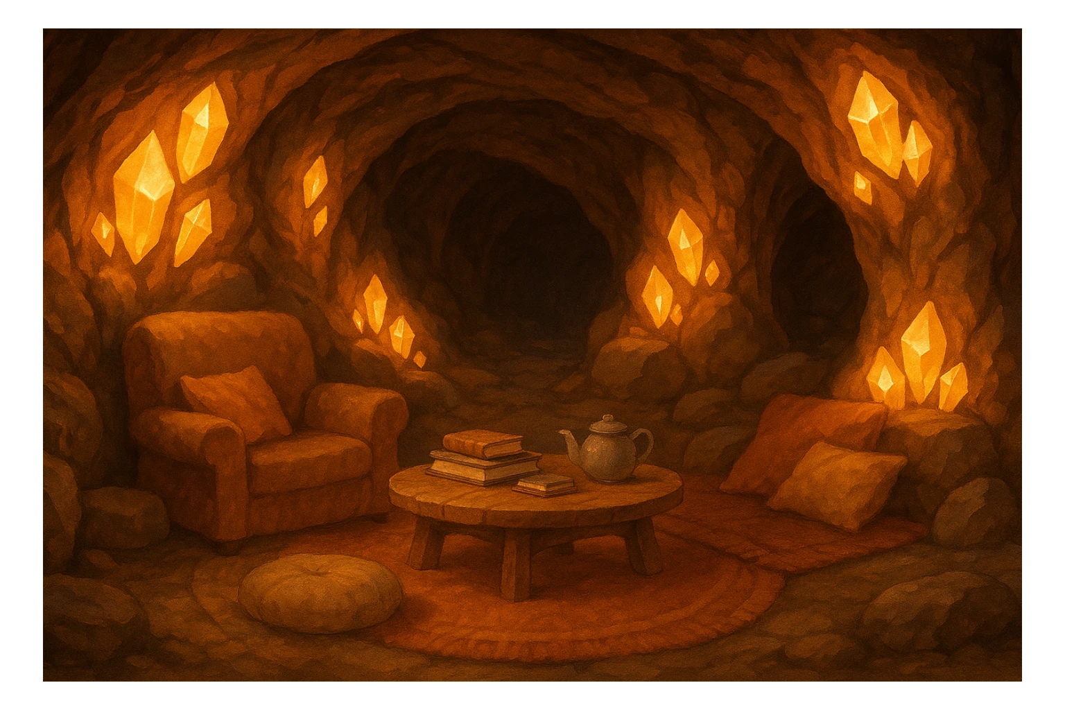 a cozy cave interior with glowing crystals, warm light, fantasy style sticker
