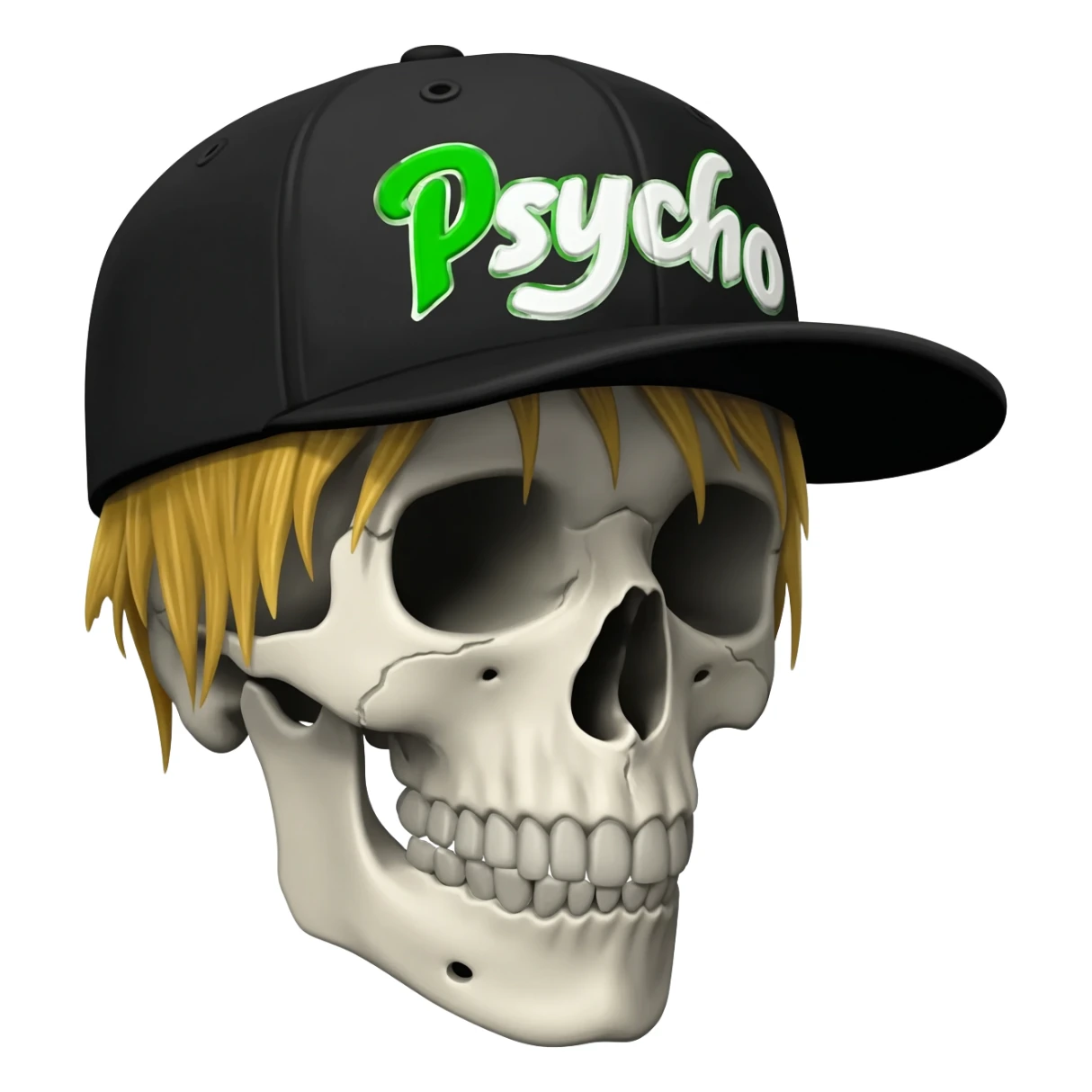 Create a skeleton head wearing a black baseball cap that says " Psycho " in Green, and white lettering, with dirty blonde hair sticker
