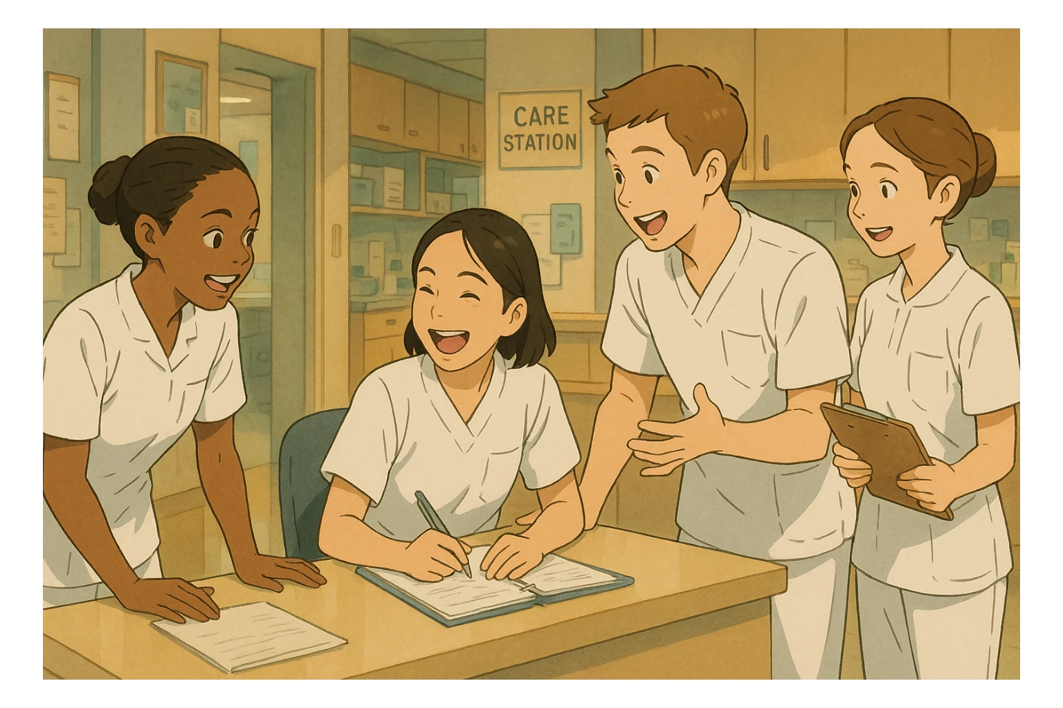 quatre étudiants infirmiers, d'après les photos, en pleine interaction dans un poste de soin, ambiance d'équipe, style Ghibli, uniformes blancs, tuniques à col en V, poche poitrine gauche, manches courtes, pas de col classique, ni stéthoscopes, ni tissus sous les manches, scène vivante et collaborative sticker