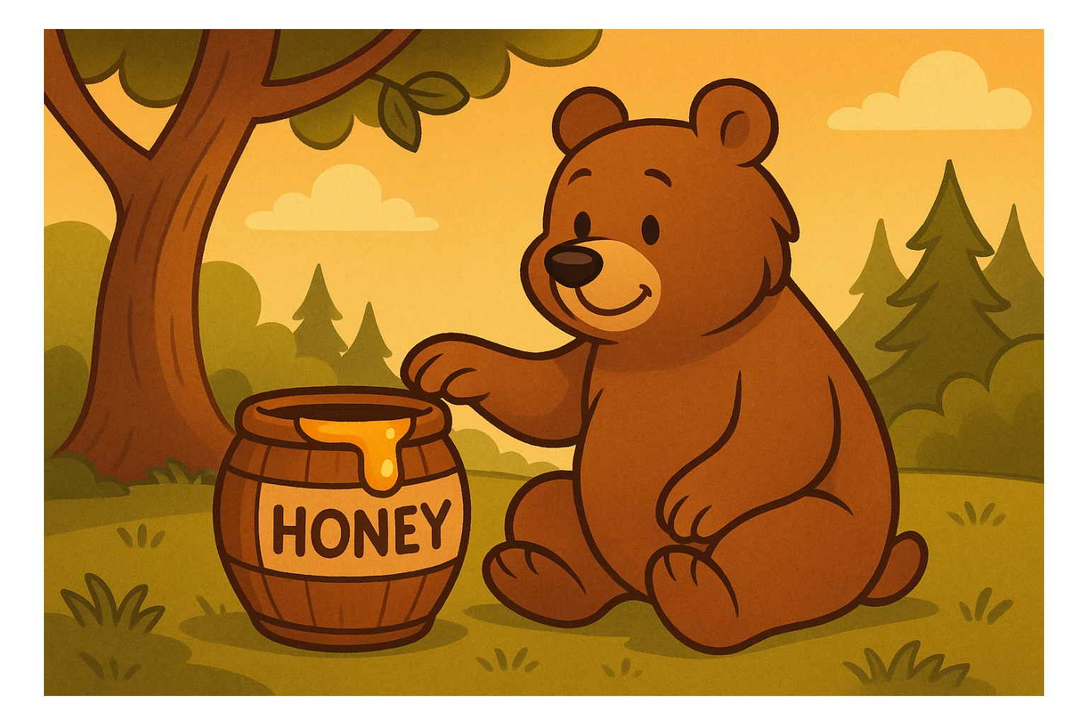 Create a second version of the cartoon bear and honey barrel scene for a 'spot the three differences' quiz. Make three subtle changes to objects in the scene, such as changing the bear's expression, altering the honey shape, or modifying a background detail. Keep the style, lighting, and layout consistent with the original image, preserving the cartoon style and warm lighting of the original. sticker