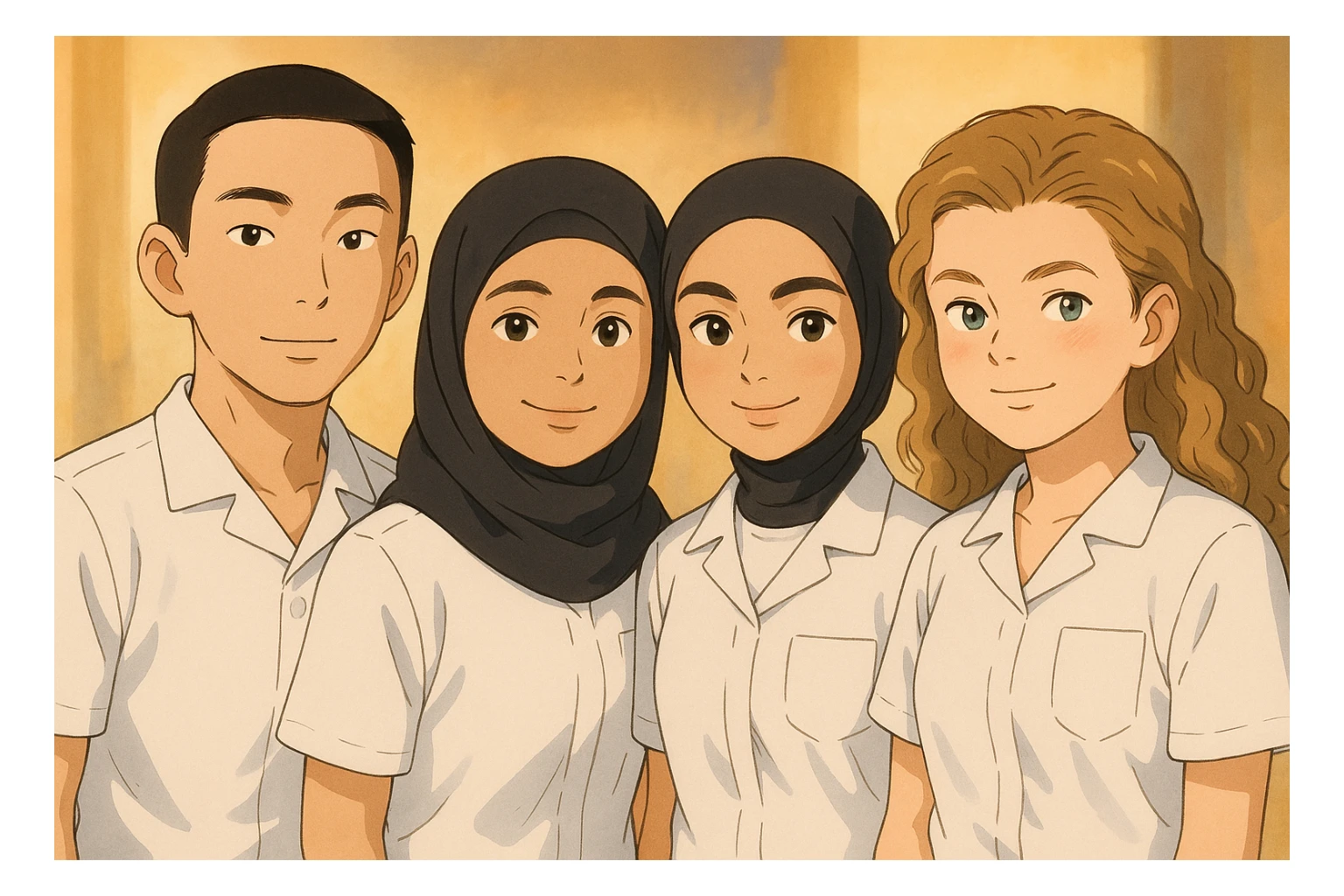 Four nursing students standing side by side in a warm atmosphere, wearing white short-sleeve uniform tunics without collars, no undershirts or stethoscopes. The tunics have V-neck collars and a chest pocket on the left side. Faces and attitudes inspired by the four provided photos, in Ghibli style. sticker