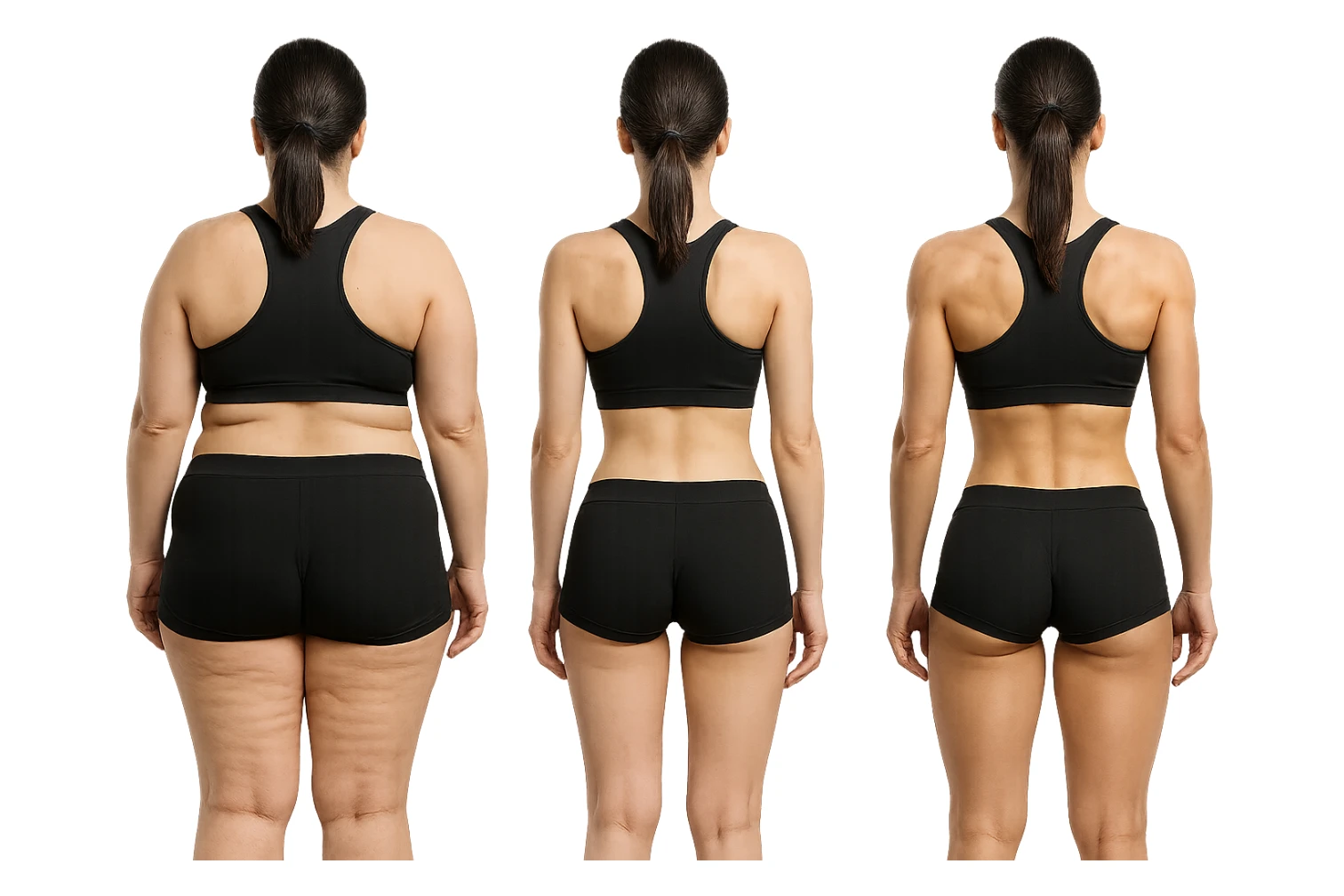 fai una donna di spalle in gym shorts leggermente sovrappeso e con cellulite e accanto una seconda donna di spalle magra (che è dimagrita post dieta) e accanto una terza donna in forma allenata e con le giuste proporzioni, l'immagine deve rappresentare il processo: da donna grassa, a donna piatta e magra, a donna allenata e in forma con i giusti muscoli, iperrealistico 4k sticker