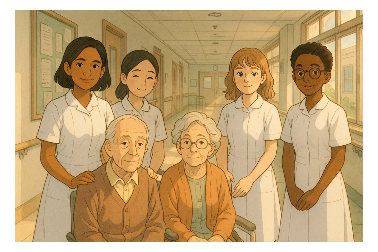 Four nursing students inspired by provided faces, wearing complete white short-sleeve uniforms without stethoscopes, accompanying elderly seated patients, Ghibli style, hospital corridor bathed in light. sticker
