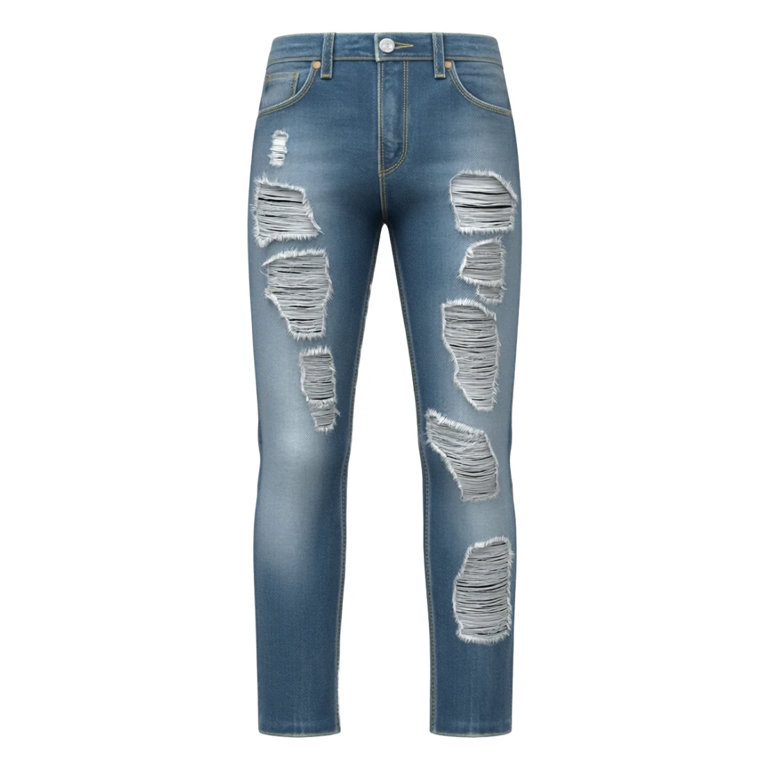 Ripped, destroyed skinny jeans inspired by Amiri style, heavily distressed denim with stacked fit, knee rips, frayed details, light wash, emoji style, centered, no model, no shoes, no extras. sticker