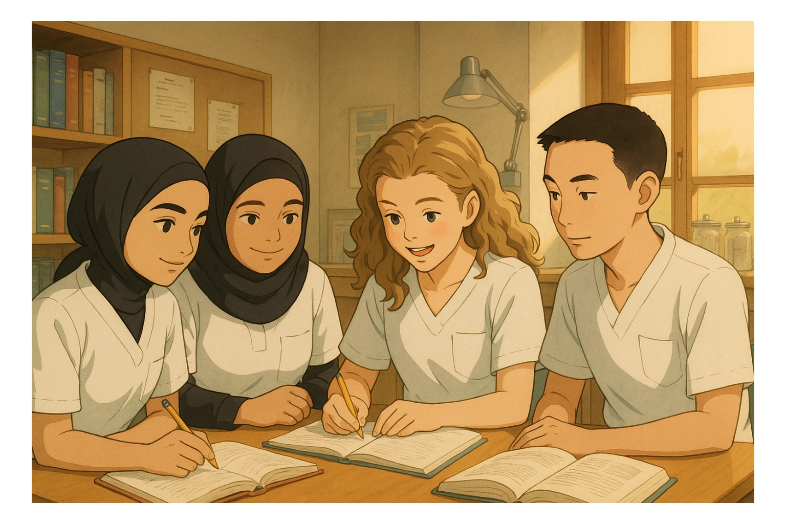 Ghibli style interior scene with four nursing students collaborating. They wear white short-sleeve uniforms with V-neck medical tunics and a left chest pocket, no stethoscopes or clothes under the tunic. Professional and friendly atmosphere with a different composition. sticker