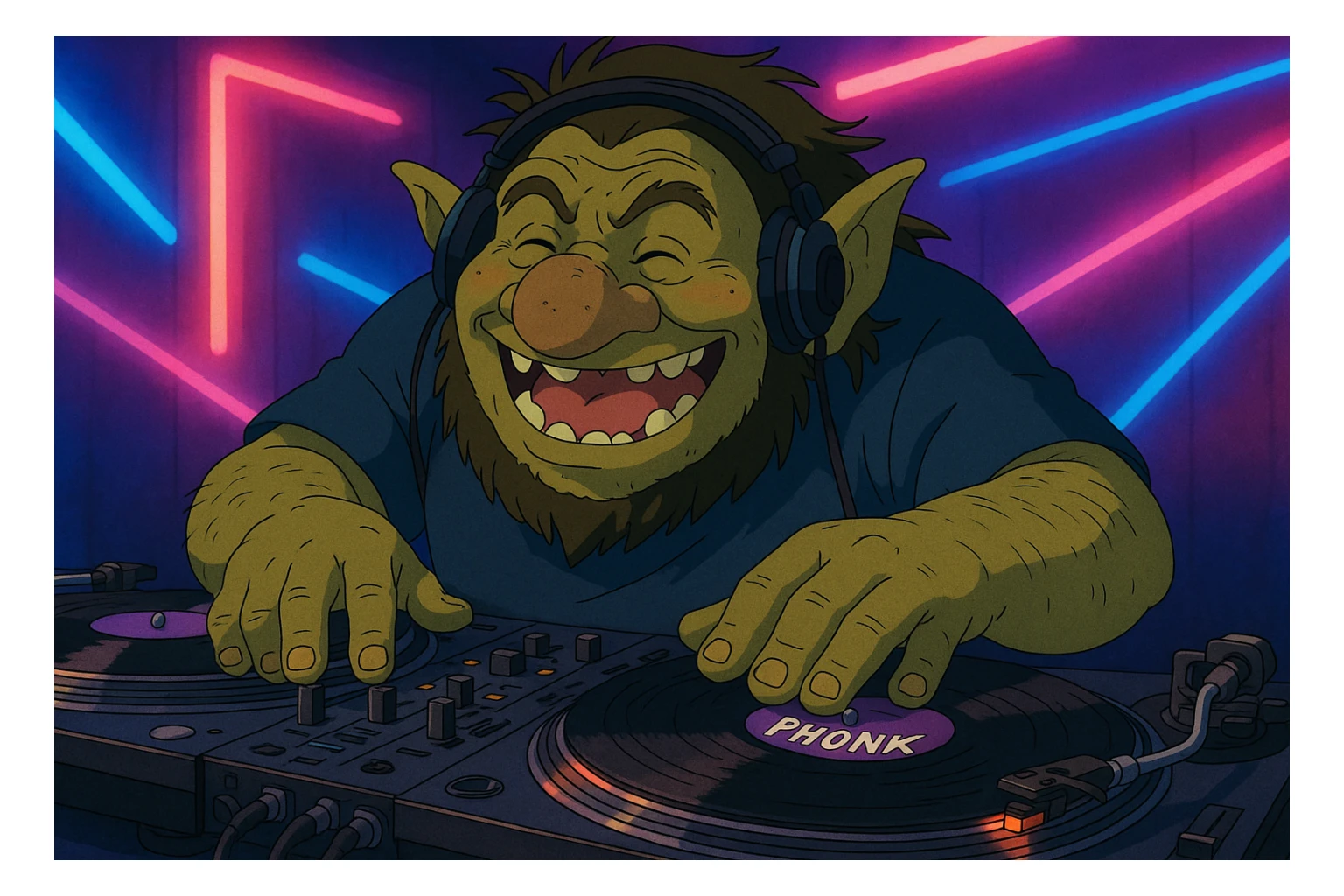 troll DJ spinning phonk records, neon-lit background, playful expression, ghibli style sticker