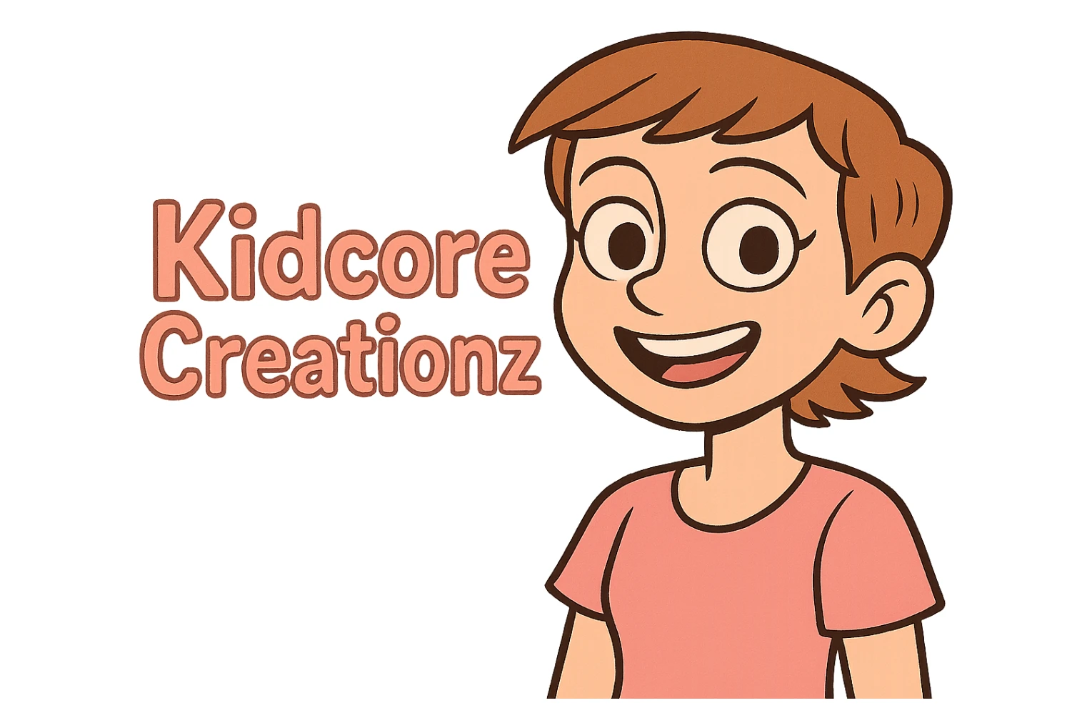 Lightskin girl with a pixie cut
pink blouse
brown eyes
expression is smiling
Add the word Kidcore Creationz in Pink sticker