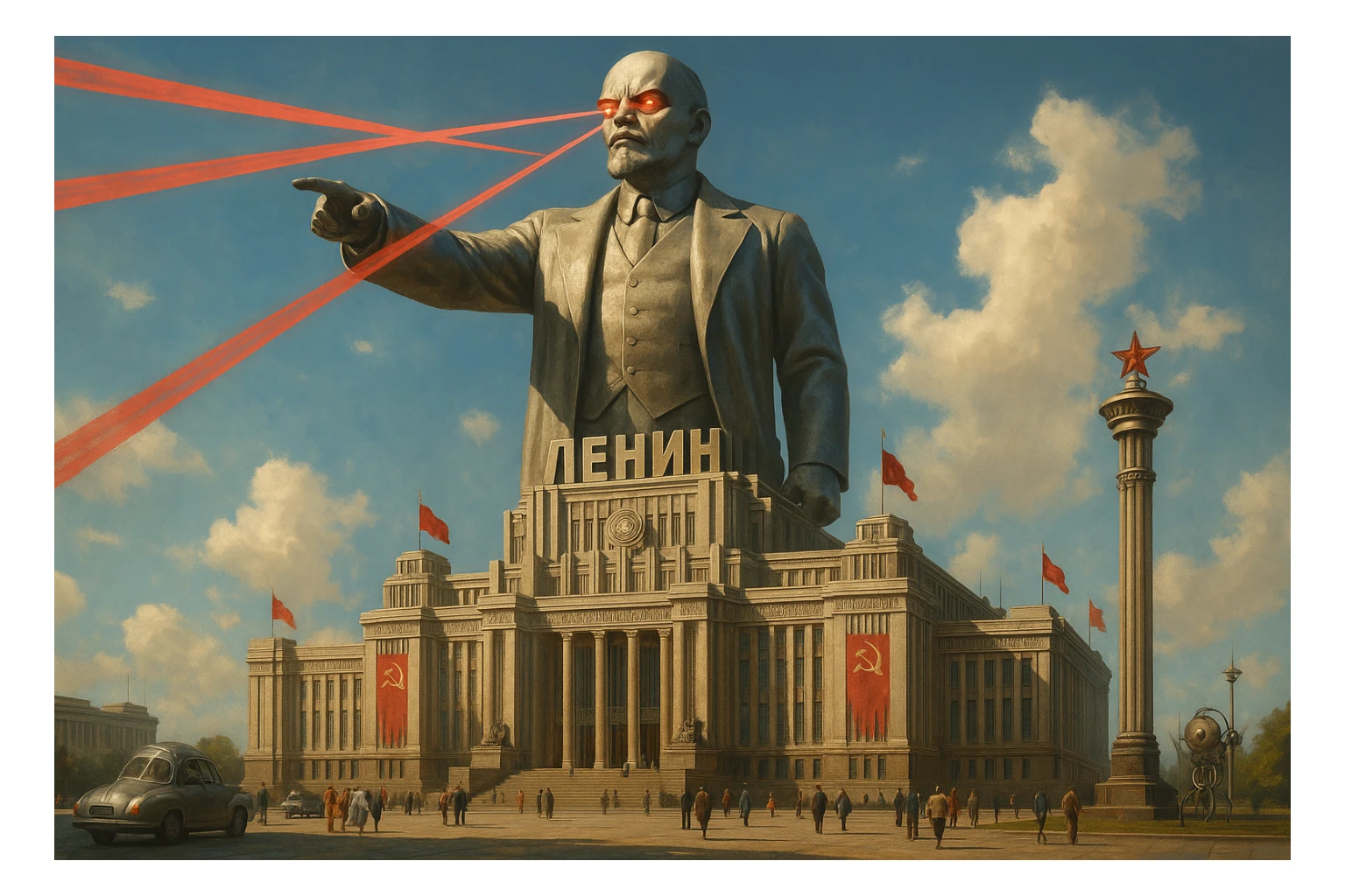 Дворец Советов реалистичный, как на фото. В стиле Atomic Heart, ретрокиберпанк. Упор на 100-метровую фигуру Ленина, у которой из глаз прожекторы лазерные. Светло, день sticker