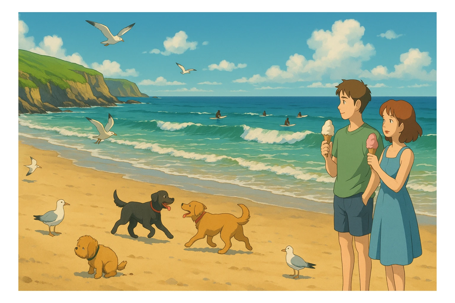 A landscape image of a beach in cornwall with seaguls, dogs playing on the beach, people standing on the beach eating ice cream, waves, surfers in the sea and a small fluffy dog having a poo on the sand sticker