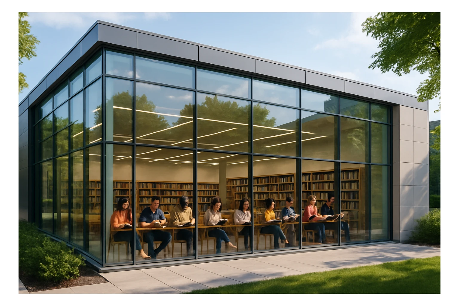a modern library building, glass facade, people reading inside sticker