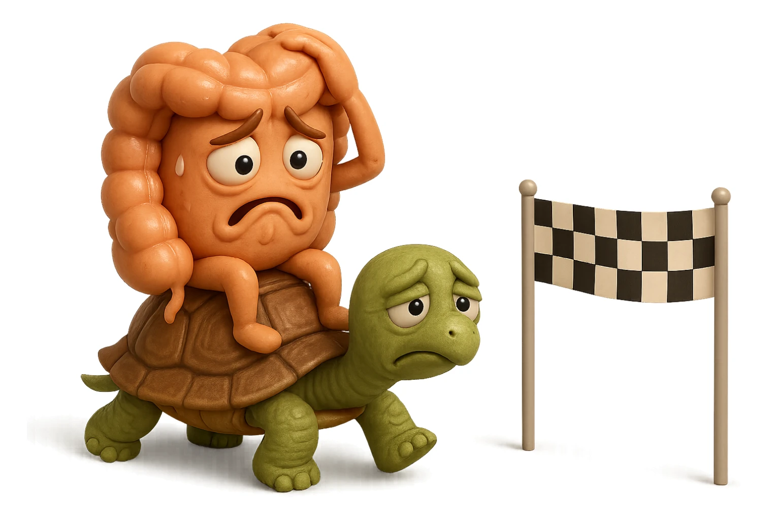  EMOJI STILE IPHONE 3D DI UN INTESTINO CON ESPRESSIONE ANGOSCIATA CHE CAMMINA SEDUTO IN GROPPA SUL GUSCIO DI UNA TARTARUGA IN ATTESA ESTENUANTE DI RAGGIUNGERE UN TRAGUARDO POCO PIù AVANTI, SULLA LORO DESTRA. IL TRAGUARDO è UNA BANDIERA A DUE PIEDI CON FASCIA A SCACCHI BIANCHI E NERI. iperrealistico 4k sticker