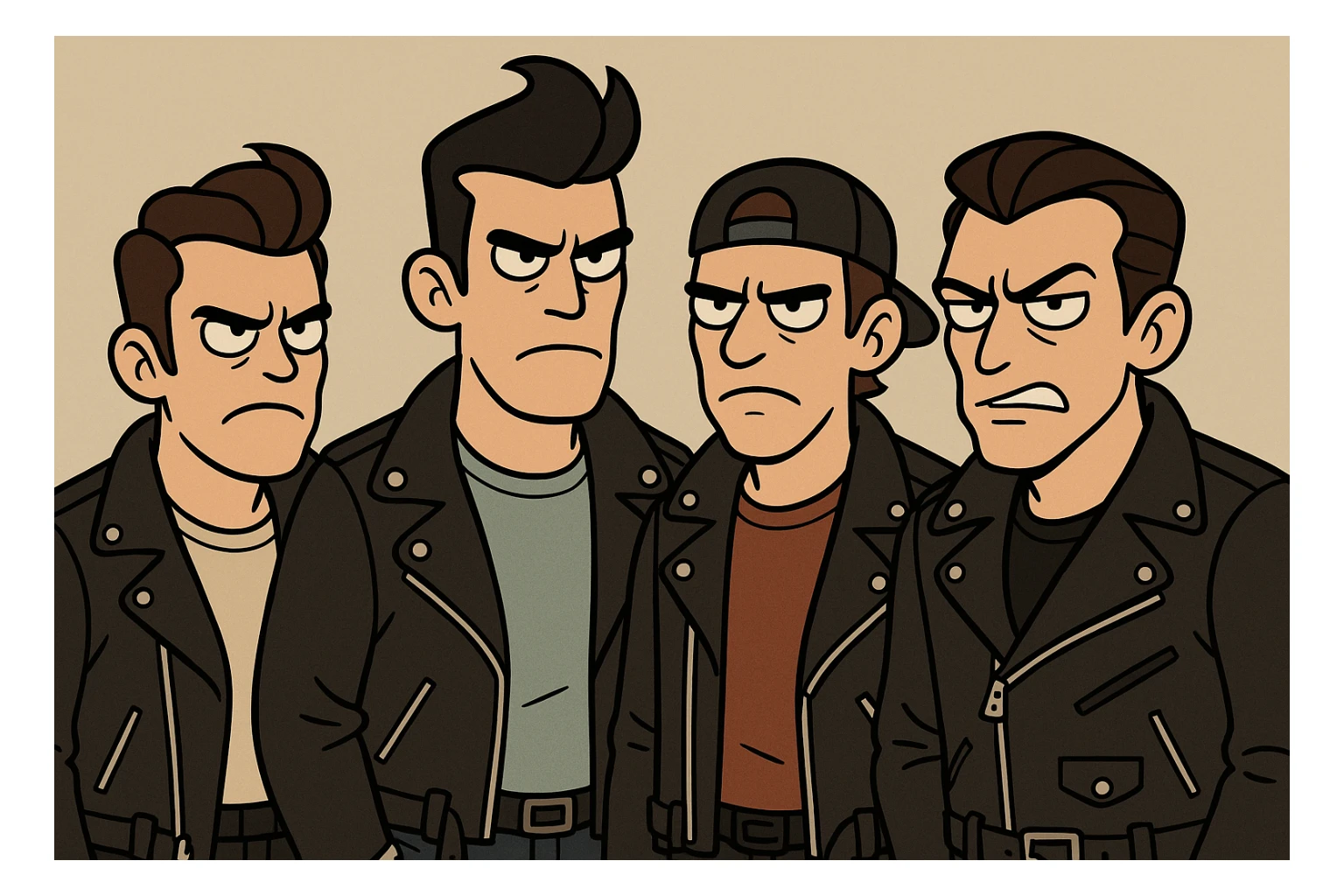 group of bad boys, leather jackets, defiant expression, neutral background sticker