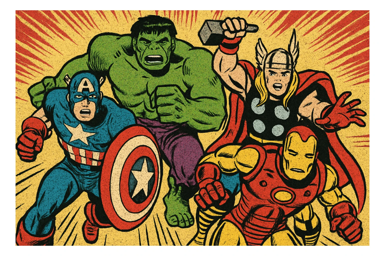 Marvel superhero team, action scene, vibrant colors, comic book illustration sticker