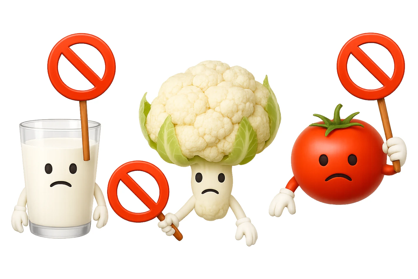 emoji stile iphone di un BICCHIERE DI LATTE CAVOLFIORE E POMODORO CHE FLUTTUANO IN ARIA CON DIVIETI IN MANO, iperrealistico 4k, isolato su sfondo bianco sticker