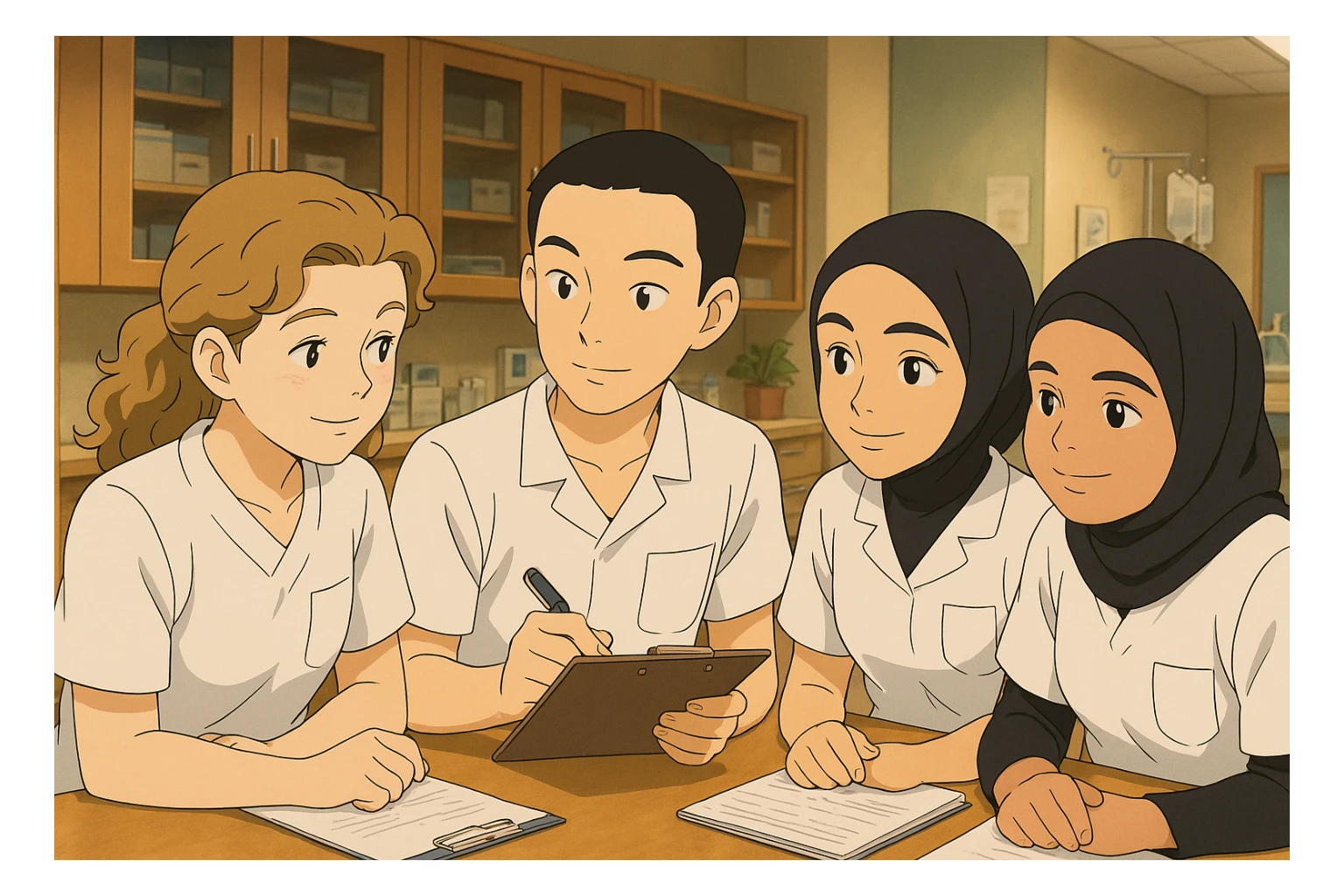 Quatre étudiants infirmiers en intérieur, style Ghibli, travaillant en collaboration et en interaction. Uniformes blancs à manches courtes, sans pied de col ni stéthoscopes, pas de tissus sous les manches. Hauts type tunique médicale, col en V, poche poitrine côté gauche. Les visages et caractéristiques des quatre personnes référencées, ambiance chaleureuse et professionnelle. sticker