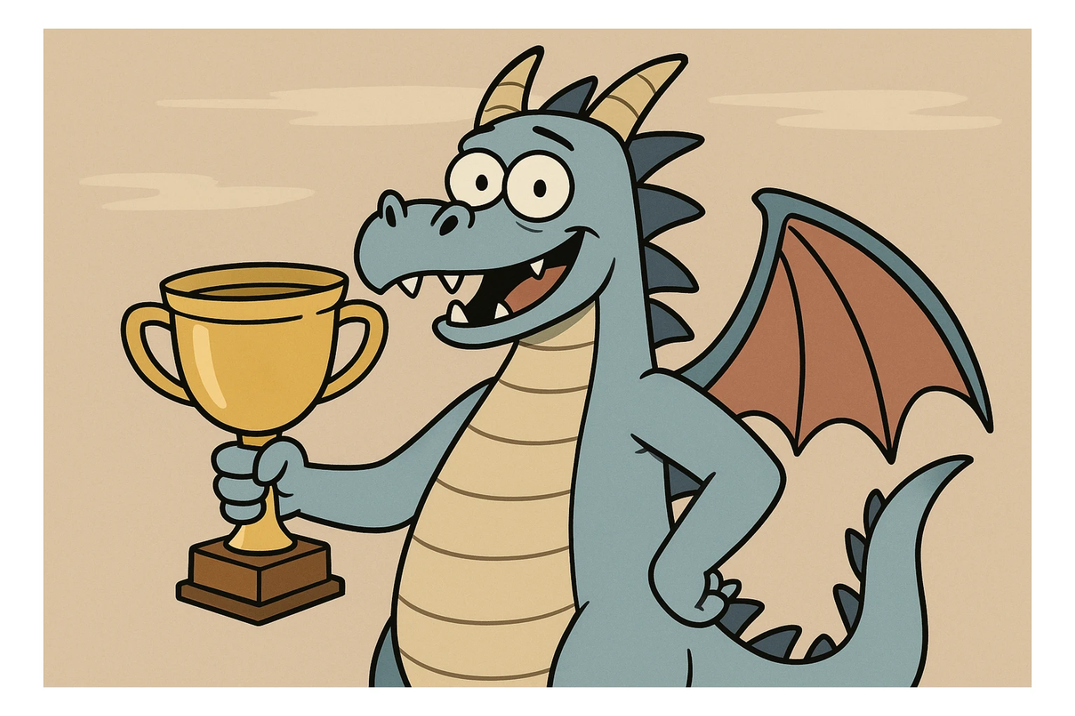 blue dragon with a trophy, cartoon style sticker