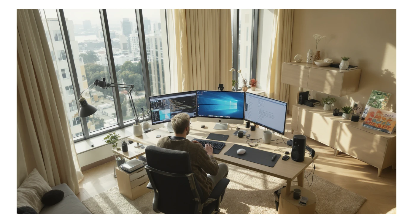 Cinematic shot of a creative director work on tripple display setup PC, top dutch angle, Warm bright vibe, modern clean expensive huge room minimalistic apartament, model is dress like designer, morning, big window, captured on arri alexa sticker