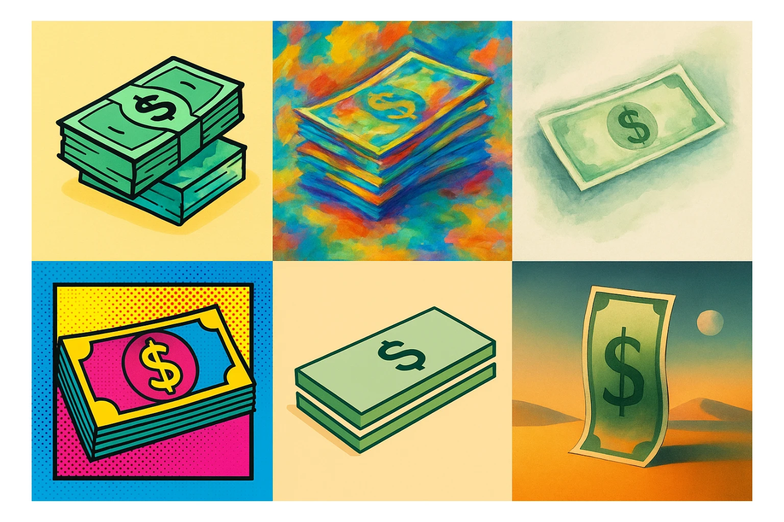 money, illustrated in a variety of creative styles sticker