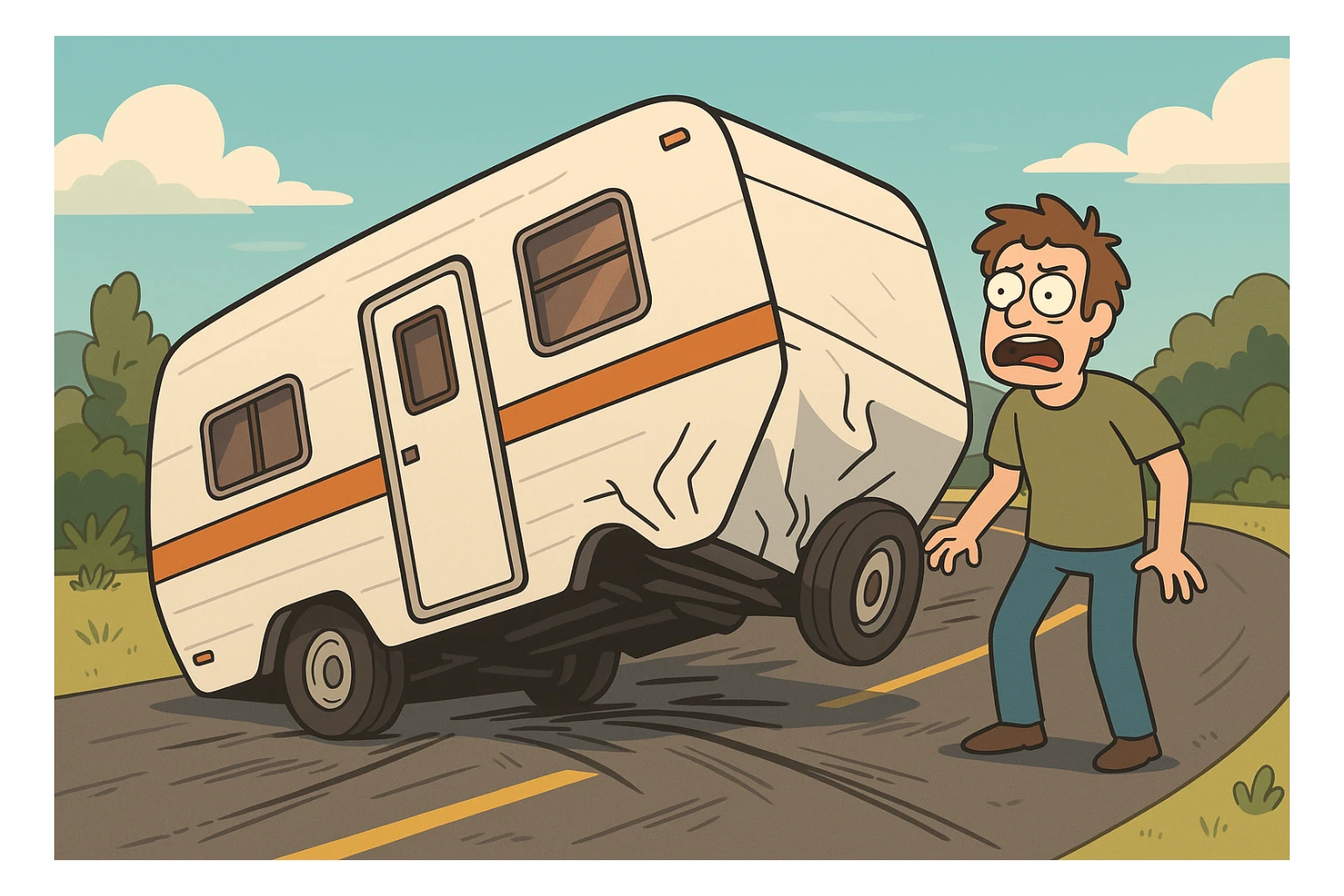 a trailer crashed on a road, cartoon style, vibrant colors, clear scene sticker