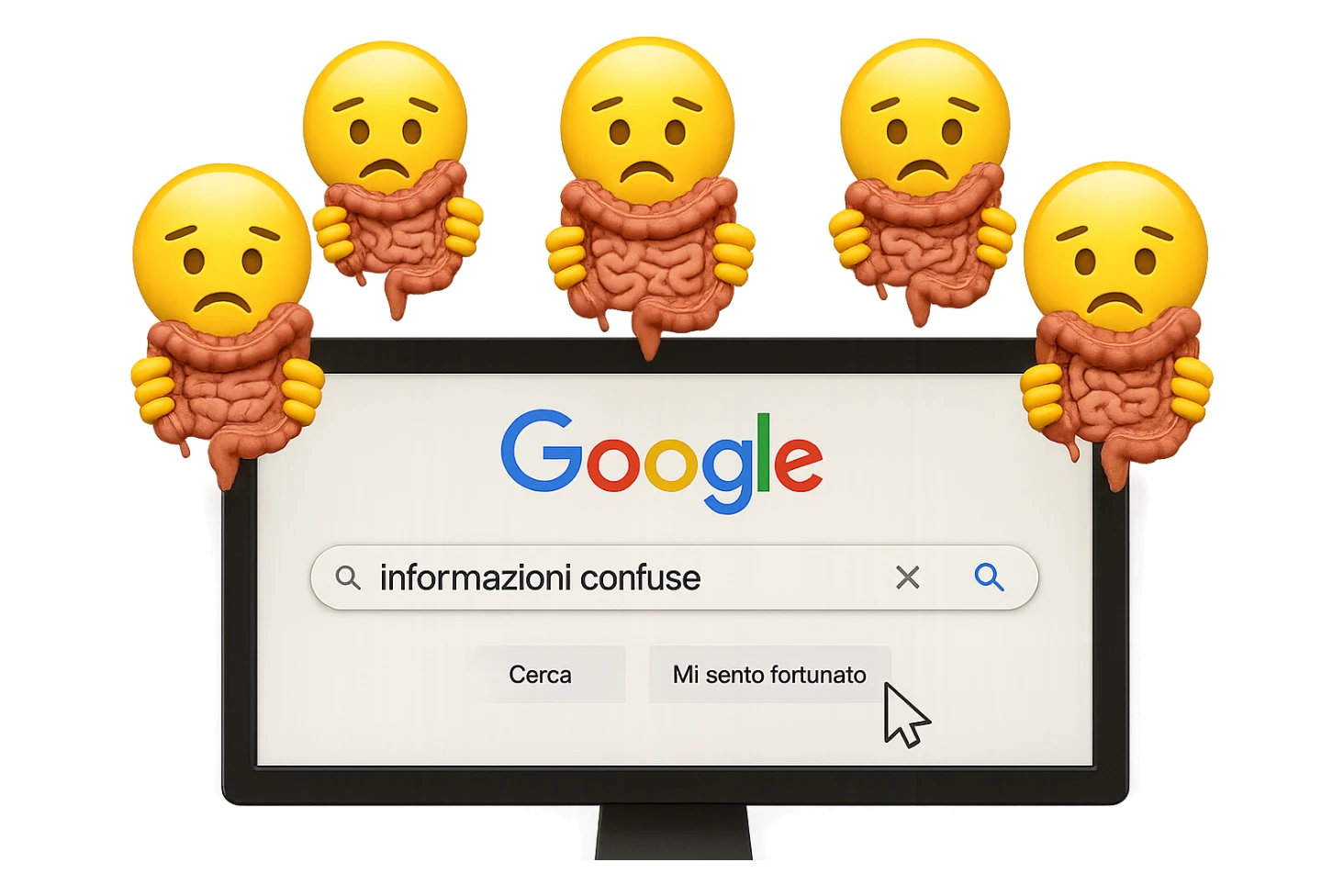 SCHERMO DI PC CON LA SCRITTA "informazioni confuse" SULLA BARRA DI RICERCA GOOGLE SULLO SCHERMO E IL CLICK DEL MOUSE SULLA SCRITTA CERCA, stile emoji iphone fluttuano in aria stringendo in mano un pezzo di colon intestinale, iperrealistico 4k sticker