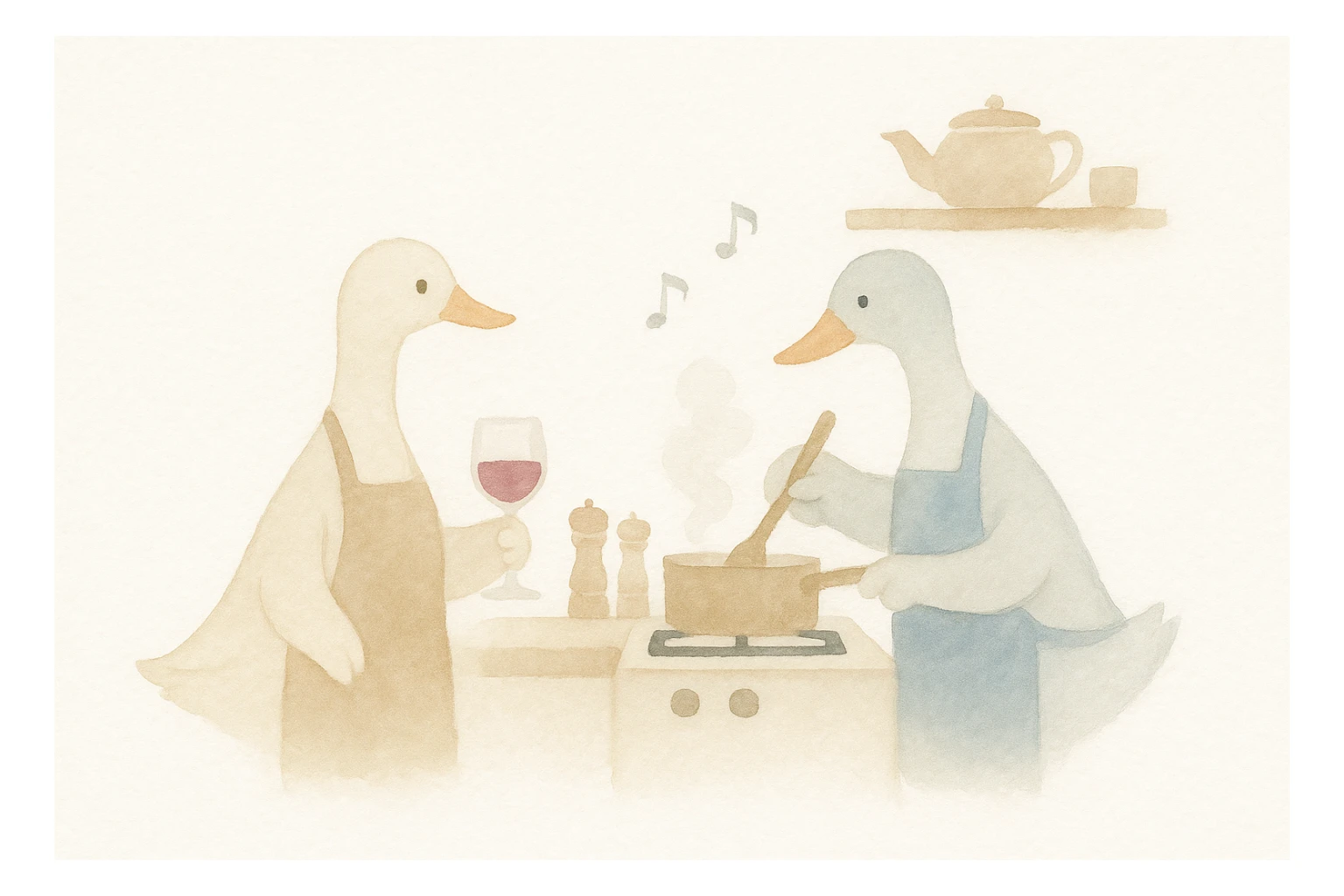 4:3 Monet impressionist scene, two ducks (male and female) cooking, sharing wine, music playing, warm kitchen, dappled light, soft colors, painterly style sticker
