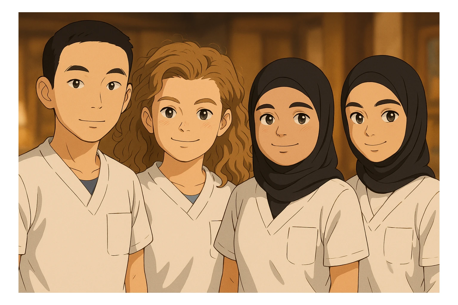 Four nursing students side by side in a warm indoor ambiance with a blurred background, wearing white short-sleeved medical uniforms with V-neck collars and left chest pockets, in Ghibli style. sticker
