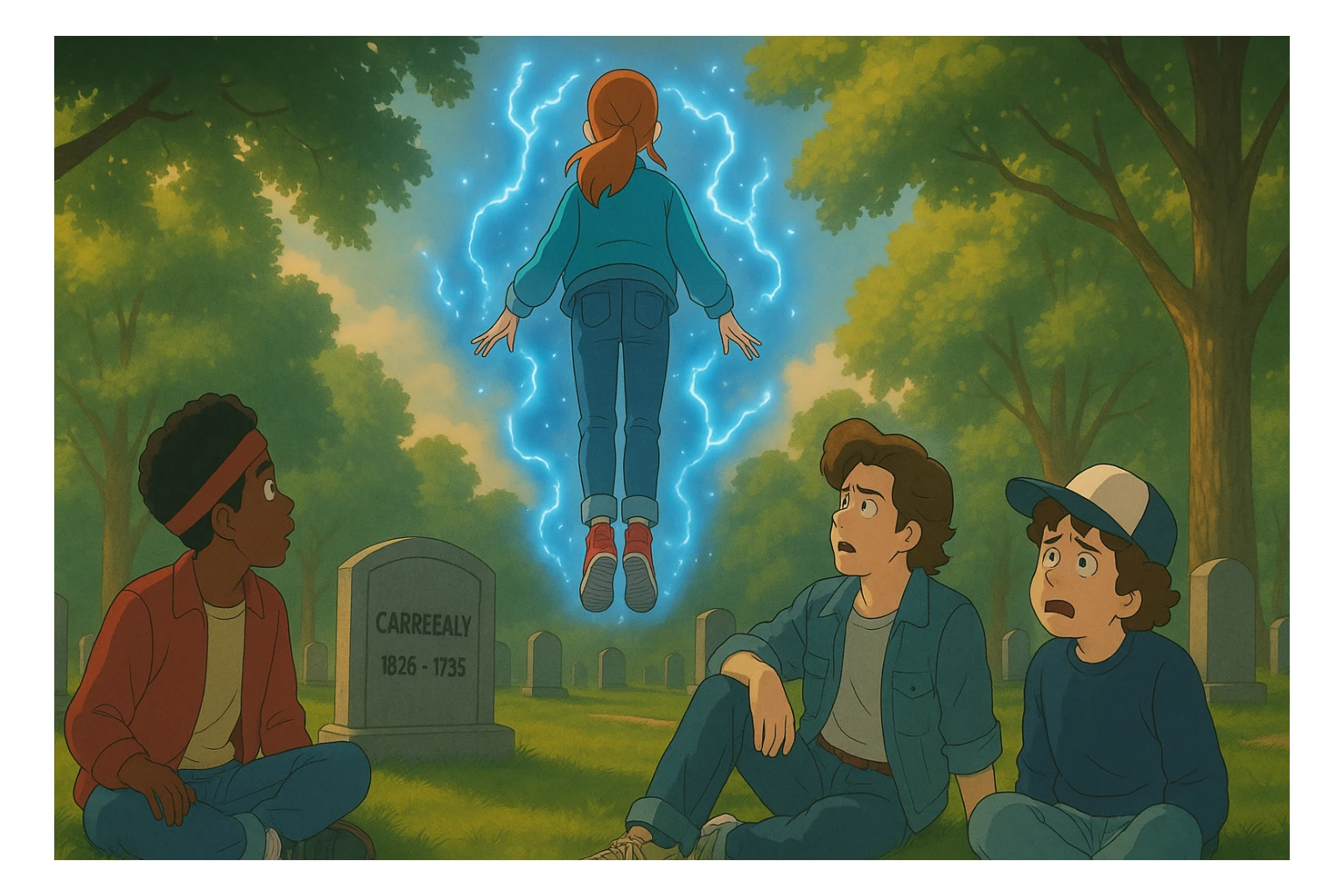 Max from Stranger Things levitating above a grave in a cemetery, seen from behind, with Lucas, Steve, and Dustin watching. Dustin looks visibly scared. Ghibli style, wide aspect ratio (16:9), supernatural glowing effects around Max, expressive and cinematic atmosphere. sticker