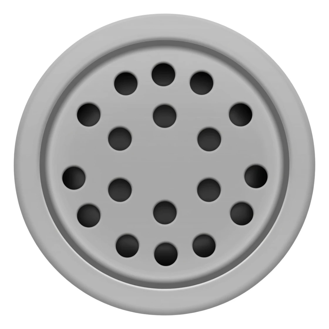 Minimal vector icon of a round bathroom drain. 
Top view, circular metal grate with evenly spaced holes, clean industrial design. 
Flat illustration, simple lines, soft grey metallic color, white or transparent background. 
Modern UI icon style, centered. sticker