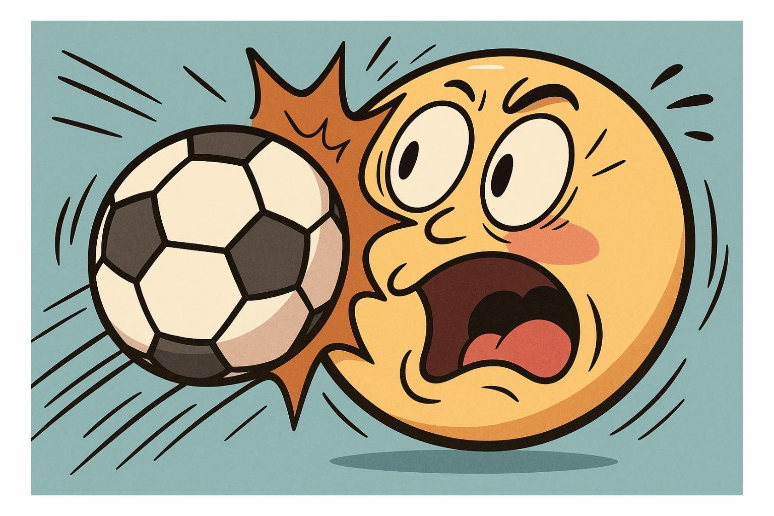 a soccer ball colliding with a smiley face, exaggerated motion, playful, vibrant colors, bold outlines, energetic, fun, animated, lively expression sticker