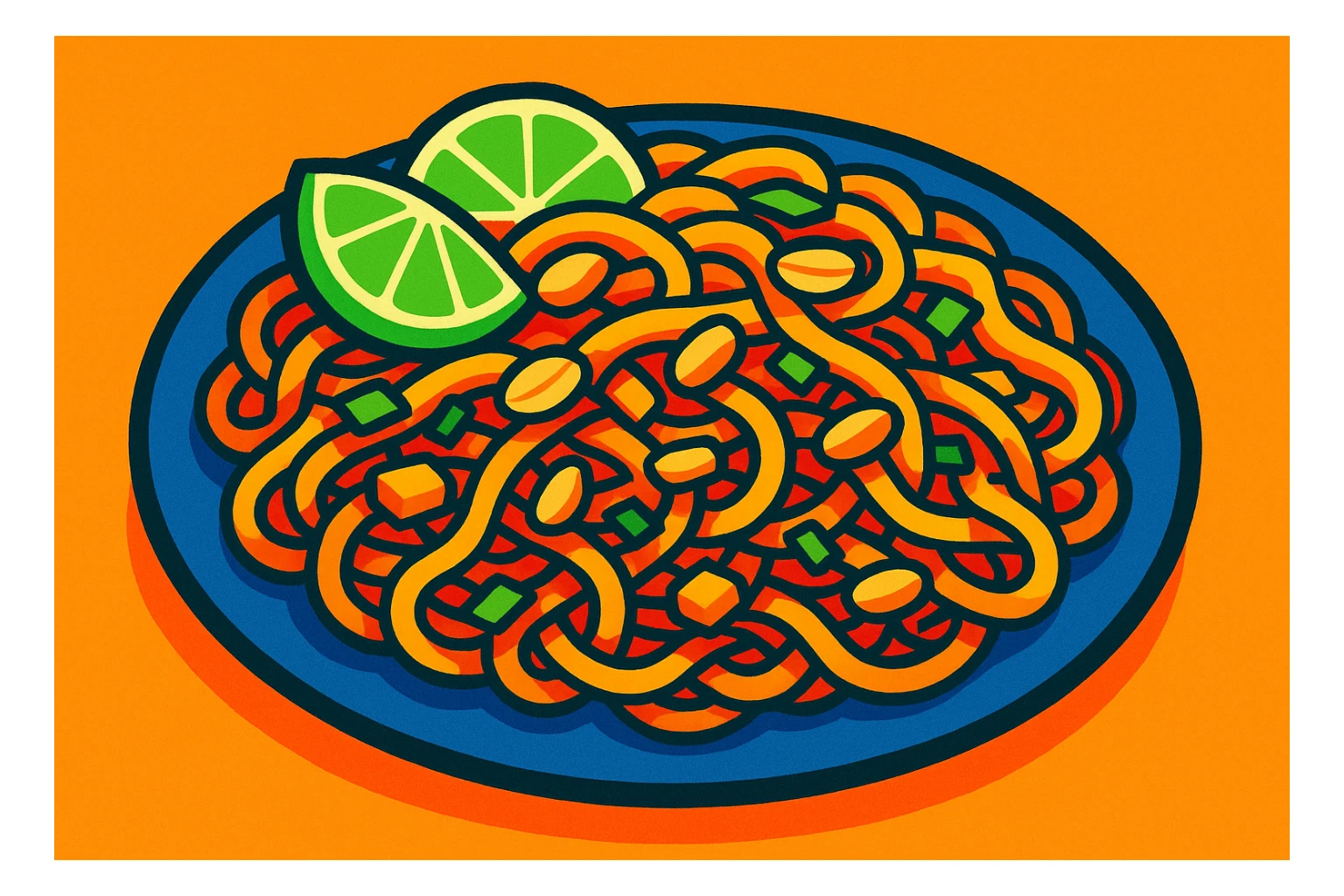 pad thai, vibrant, appetizing, noodles, lime, peanuts, stylized illustration sticker