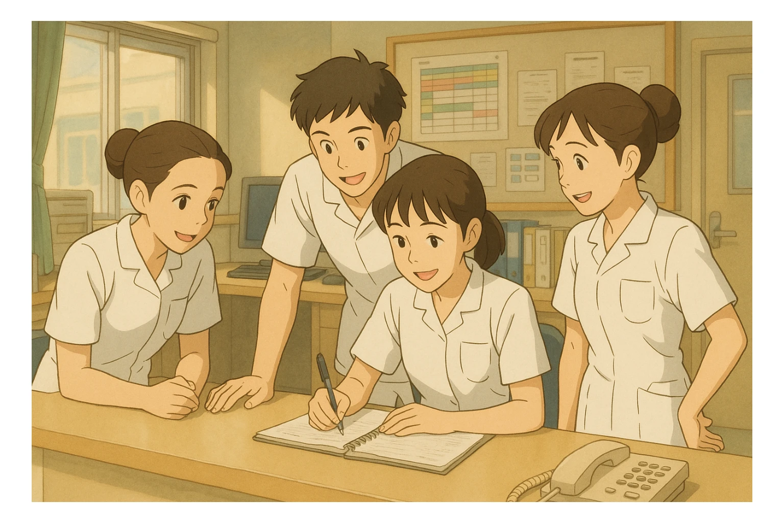 Four nursing students inspired by four new photos, collaborating and interacting warmly in a care station, team atmosphere, white short-sleeve medical tunics with V-neck and left chest pocket, no collar stand, no stethoscopes, nothing protruding from sleeves, style Ghibli sticker