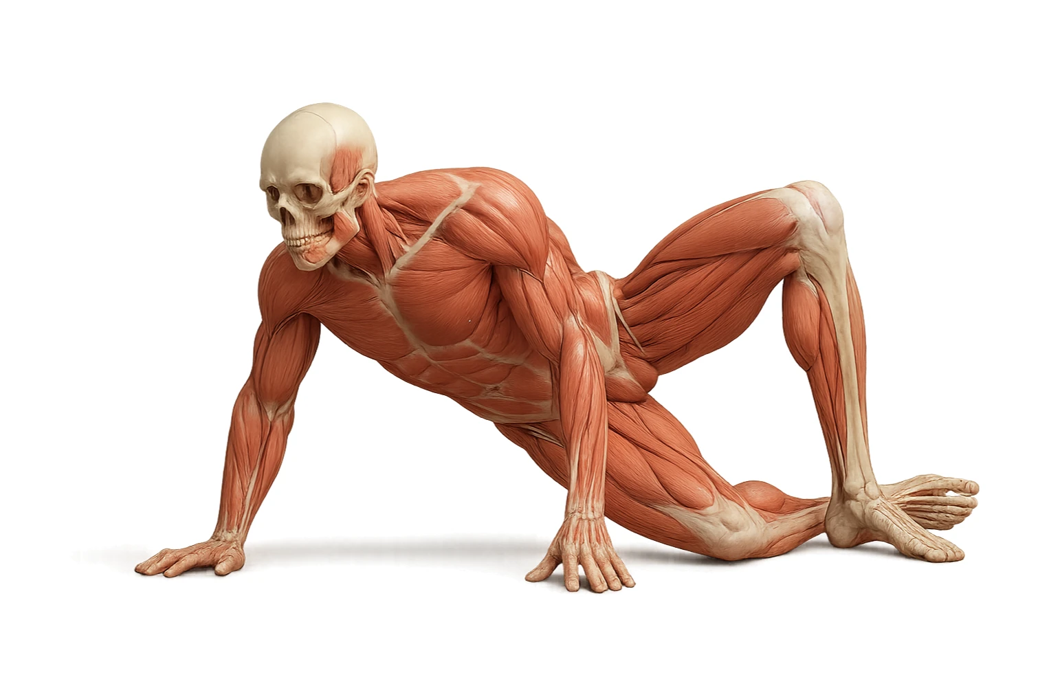 CORPO UMANO ANATOMICO REALISTICO CHE SVOLGE UN ESERCIZIO DI MOBILITà ALLE ANCHE, iperrealistico 4k sticker