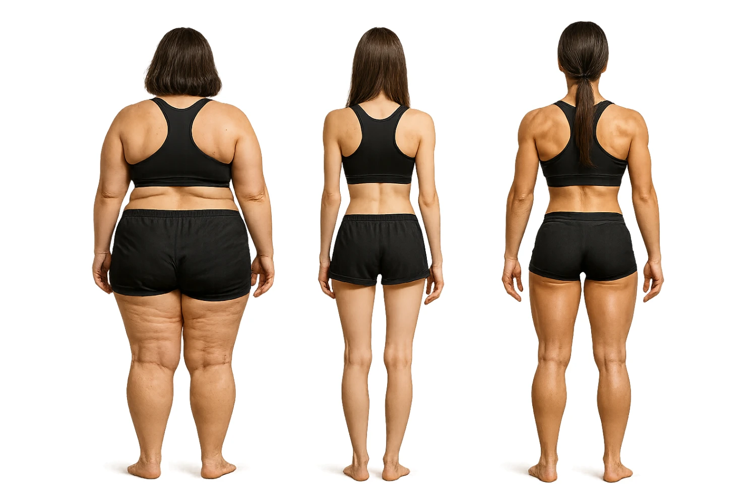 fai una donna di spalle in gym shorts leggermente sovrappeso e con cellulite e accanto una seconda donna di spalle magra (che è dimagrita post dieta) e accanto una terza donna in forma allenata e con le giuste proporzioni, l'immagine deve rappresentare il processo: da donna grassa, a donna piatta e magra, a donna allenata e in forma con i giusti muscoli, iperrealistico 4k sticker