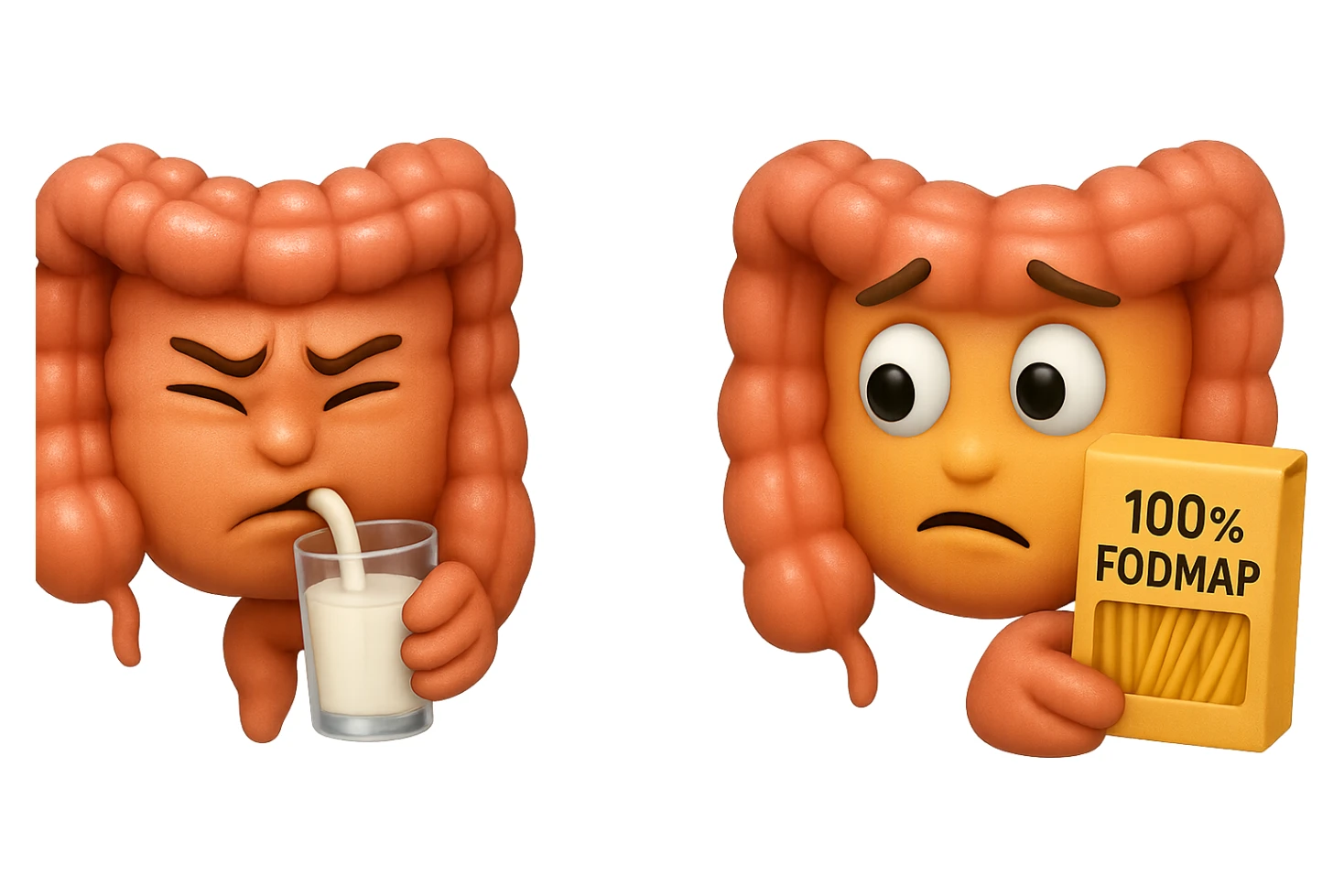 emoji stile iphone di un intestino che beve latte e ha un espressione di dolore e un intestino che guarda un pacco di pasta con la scritta "100% FODMAP" SULL'ETICHETTA CON ESPRESSIONE CONFUSA, iperrealistico 4k, isolato su sfondo bianco sticker