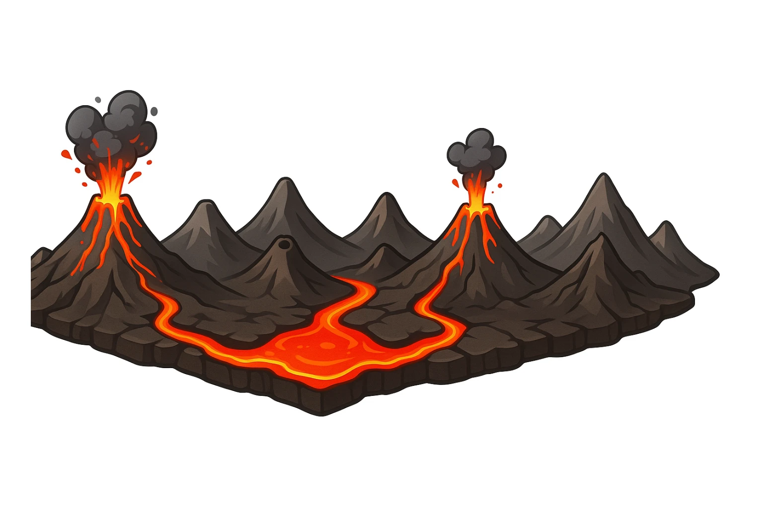 A stylized illustrated volcanic arc strip: a long chain of mountains with several erupting and dormant volcanoes, connected by glowing lava seams like a crack. The lava is vivid red-orange, slightly molten and glossy. The ridge feels like a map overlay symbol for plate boundaries and active volcanism. Clean cartoon-realistic style, smooth shading, sharp silhouette. No text, no labels. Pure white background (#FFFFFF). Wide banner composition, high resolution, 4K. sticker